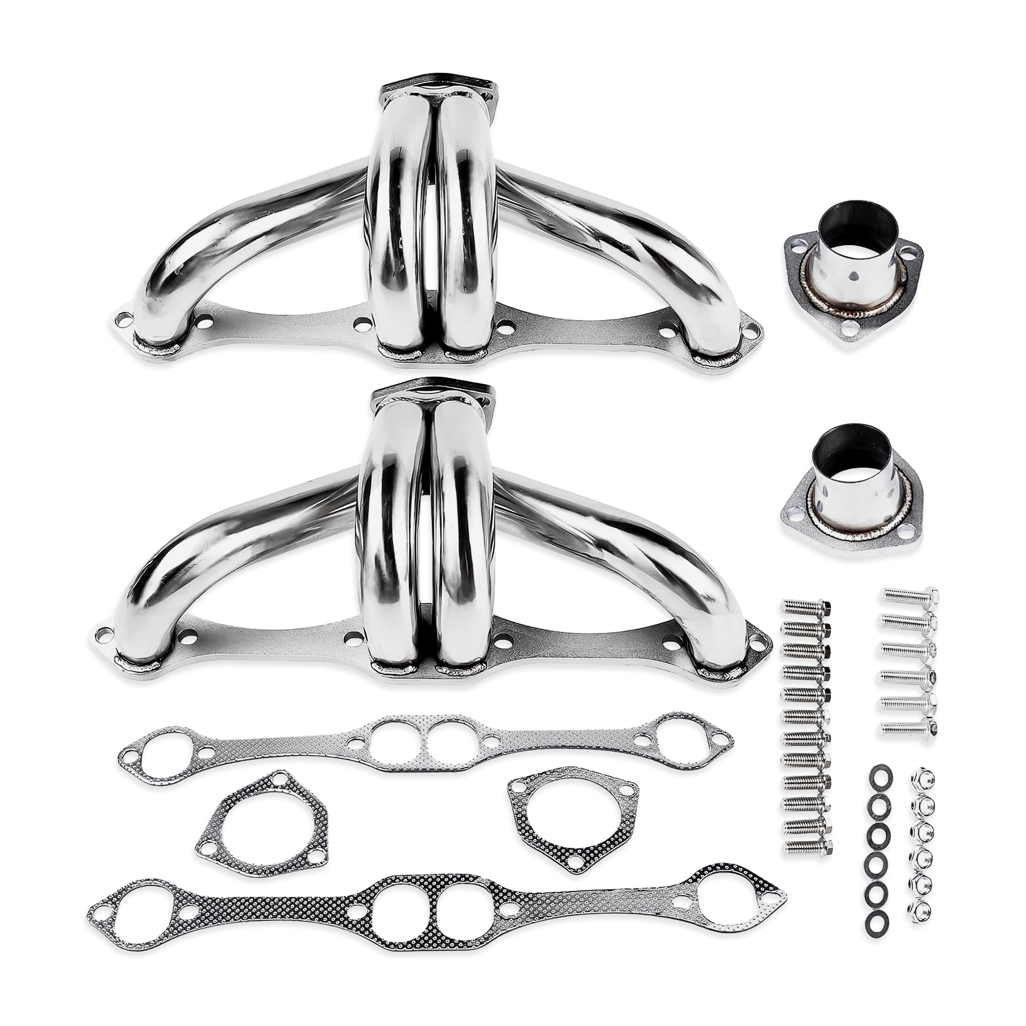 Polished Stainless Steel Block Hugger Headers for Small Block Chevy SBC 265 283 302 305 327 350 400 - Shorty Exhaust Manifolds for Hot Rods, Street Rods & Custom Builds - Not Compatible with Angle Plug Heads or Clamshell Mounts - Perfect for Tight Engine Bays & Performance Upgrades