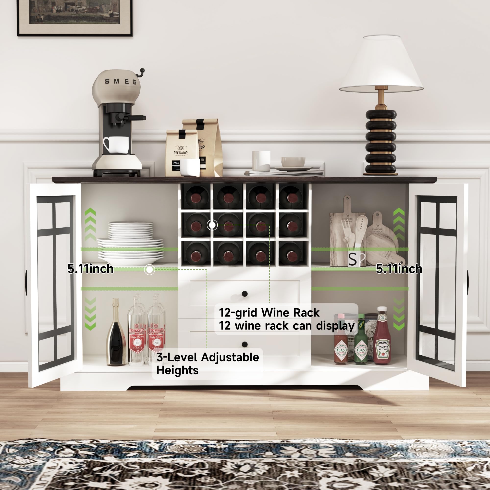 Real Relax Farmhouse Buffet Cabinet with Storage - 59'' Large Sideboard Wine & Coffee Bar Cabinet with 2 Glass Doors & Removable Wine Rack - Kitchen, Dining & Living Room Storage Furniture for Home Entertaining & Organization