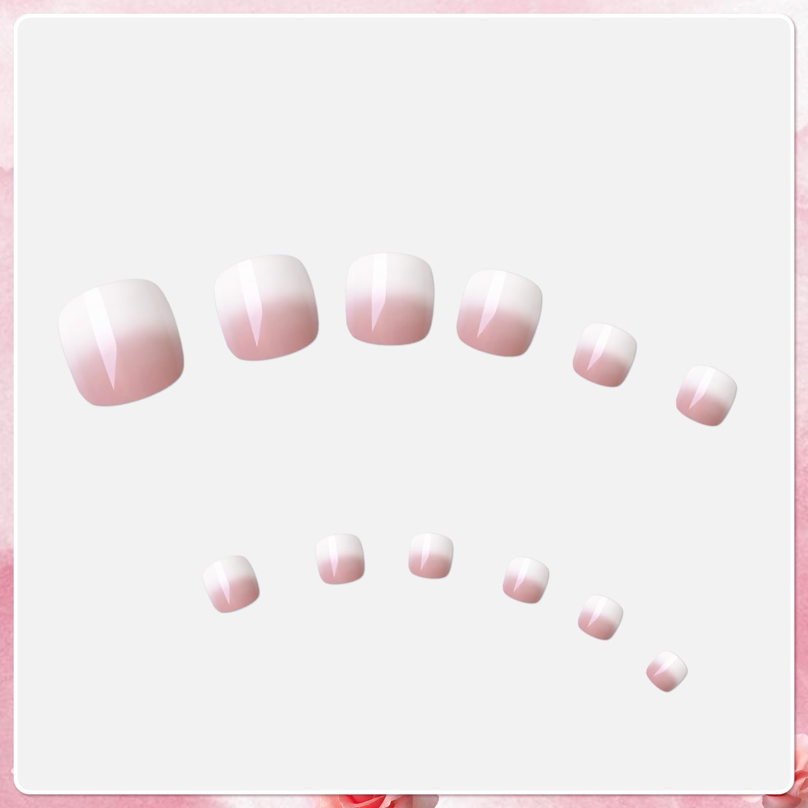 AddFavor 120pcs Ombre Press on Toenails - Pink White Gradient Fake Toe Nails for Women | Easy to Apply, Reusable Artificial Nails | Perfect for Parties, Weddings, Vacations & Everyday Wear