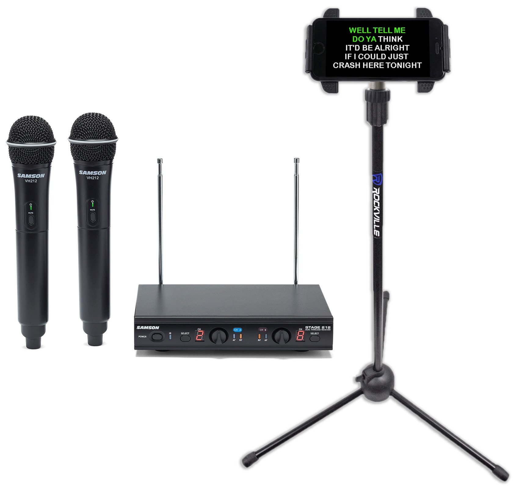 Samson Stage 212 Dual VHF Handheld Wireless Microphone System with (2) Q6 Mics & Rockville IPS20 Tablet Tripod Stand - Compatible with iPhone, Galaxy & More | Perfect for Karaoke, Live Performances & Video Recording