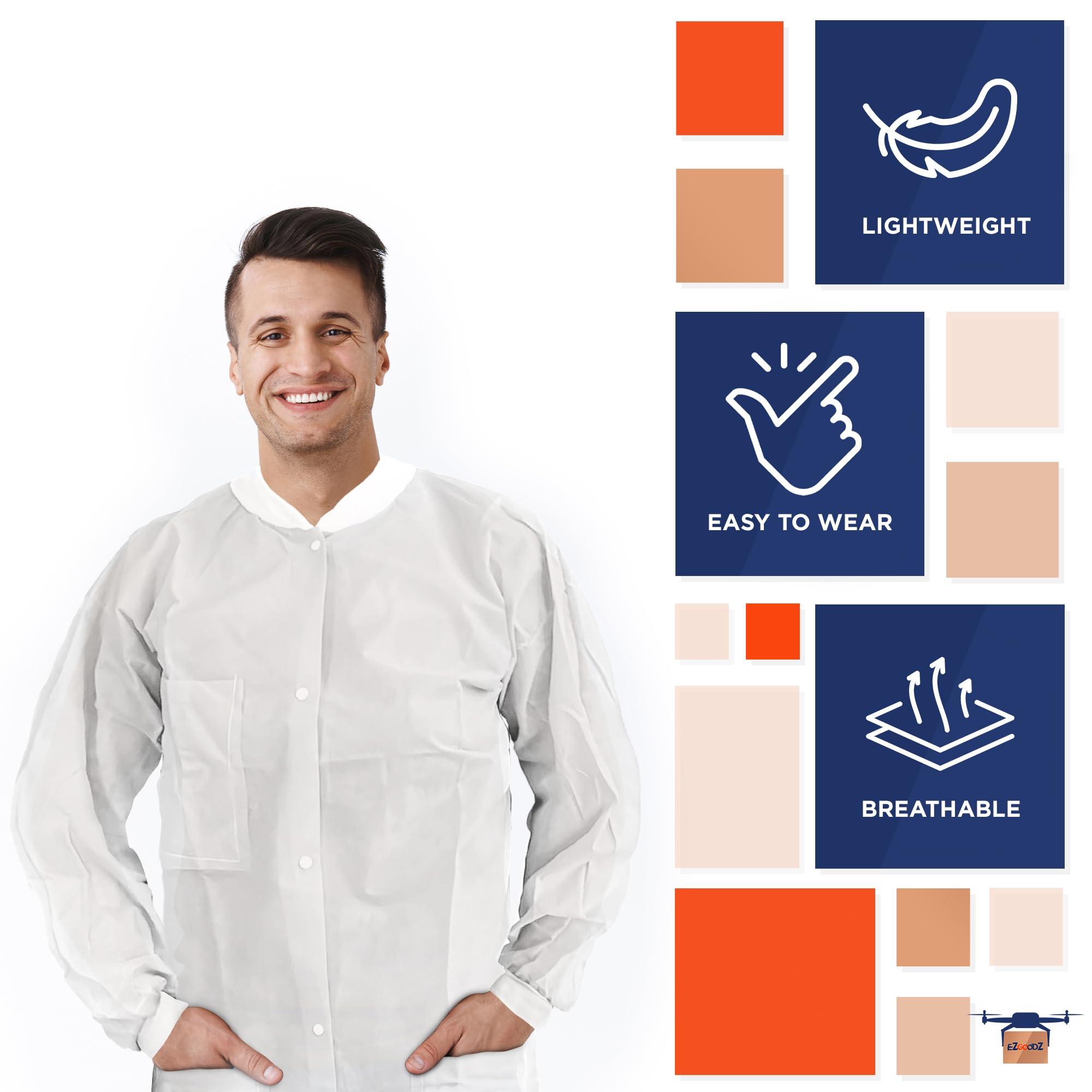 EZGOODZ White Disposable Lab Coats for Adults - Small (50 Pack) | 45 GSM Medical PPE Coat with Cuffs, Collar & 3 Pockets | Splash-Proof Painting & Medical Protective Wear for Hospitals, Labs & DIY Projects
