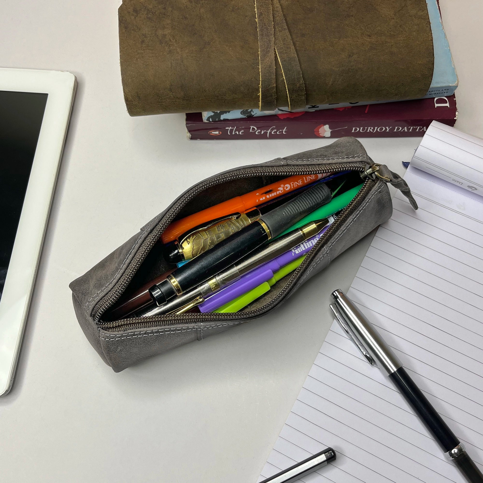 Premium Winnie Leather Zipper Pen Pencil Case - Grey Evening Blue | Stylish Organizer for School, Office & Travel | Perfect for Students, Professionals & Artists