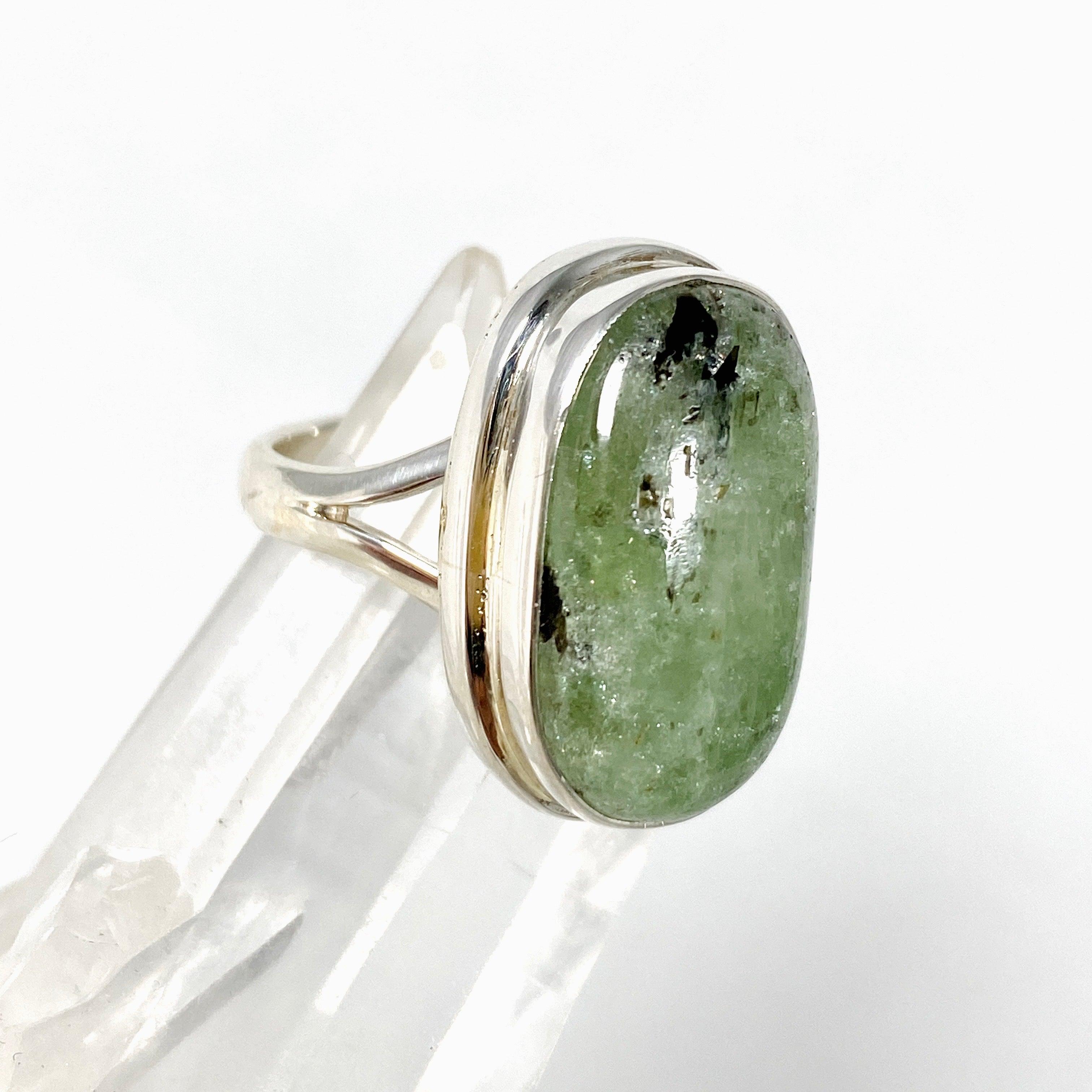 Natural Green Kyanite Oval Ring Size 7 - Handmade Sterling Silver Jewelry for Women - Perfect for Meditation, Healing & Spiritual Practices