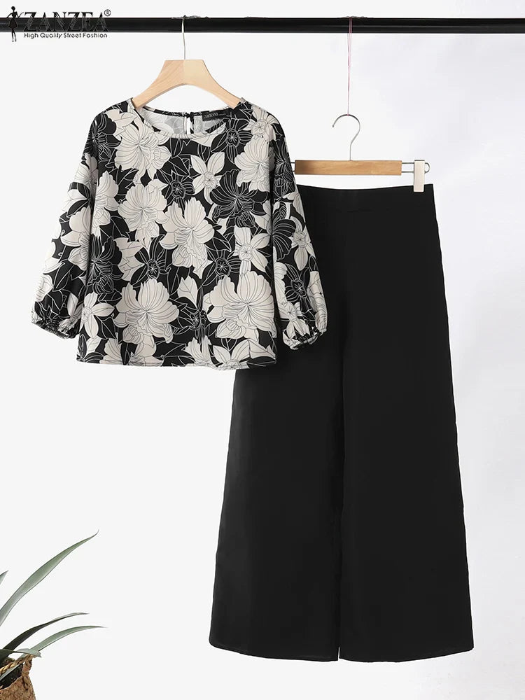 Stylish Women's 3/4 Sleeve Blouse & Wide Leg Pant Suit Set - ZANZEA 2-Piece Casual Printed Tracksuit for Summer | Perfect for Office Wear, Vacation Outfits & Casual Street Style