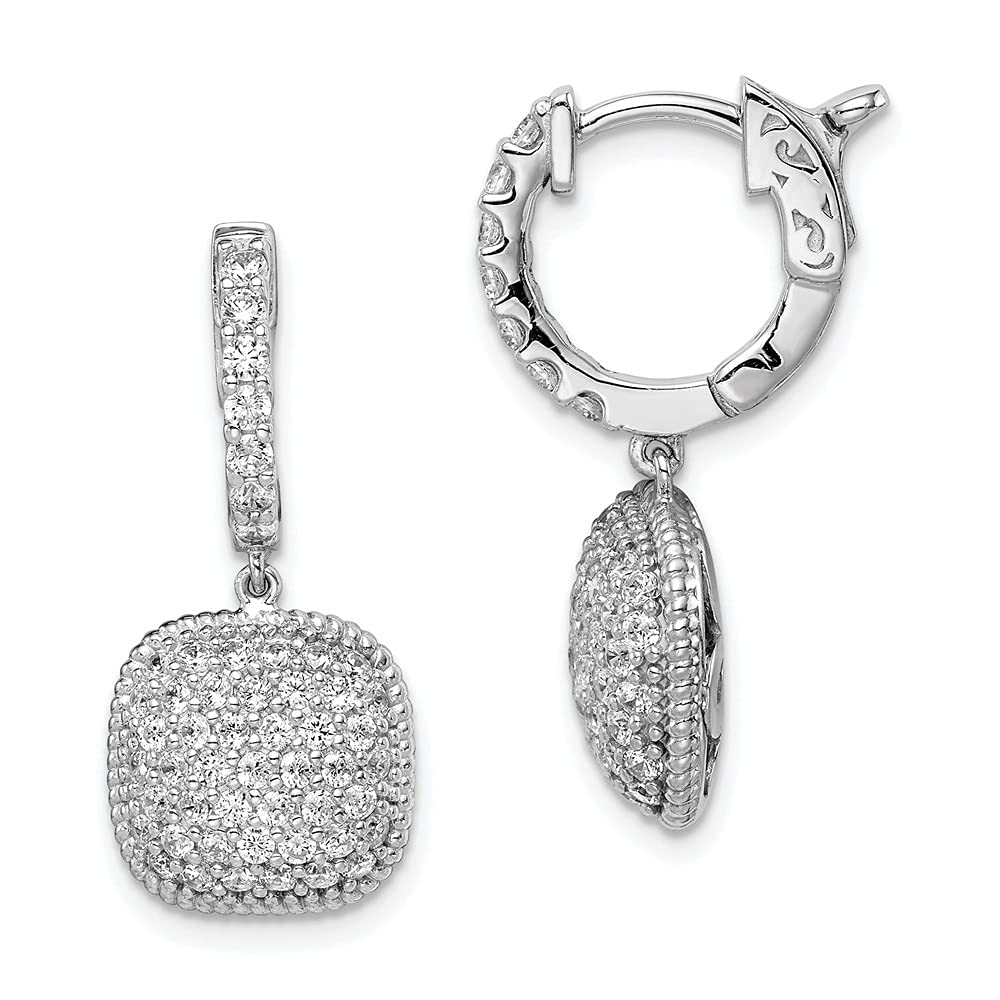 Sterling Silver Rhodium Plated CZ Square Hoop Earrings for Women - 26mm x 11mm Hinged Dangle Design, Elegant Cubic Zirconia Jewelry for Party, Wedding & Everyday Wear