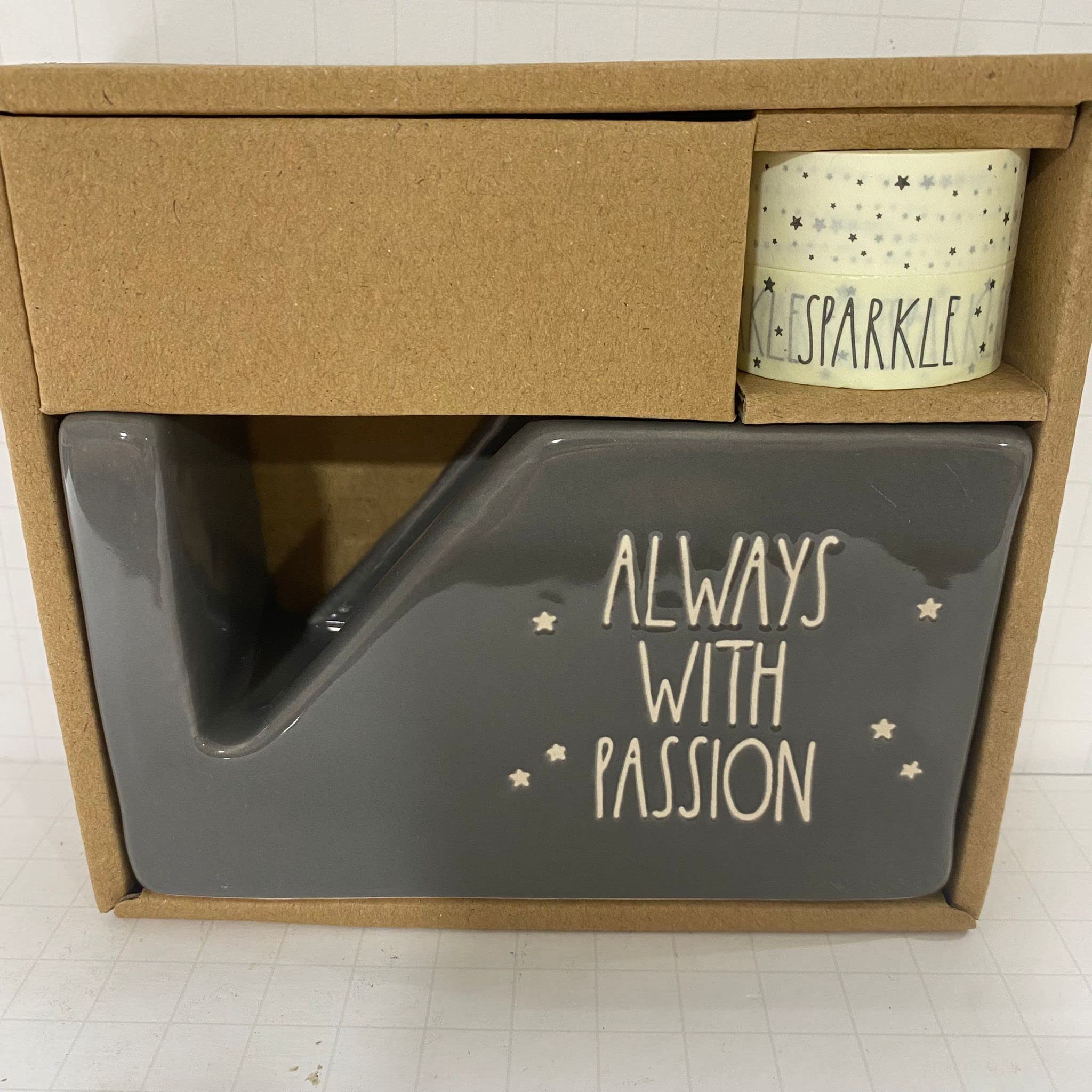 Rae Dunn Always with Passion Ceramic Tape Dispenser with Sparkle Tape - Black - Home & Office Desk Organizer for Gift Giving & Crafting
