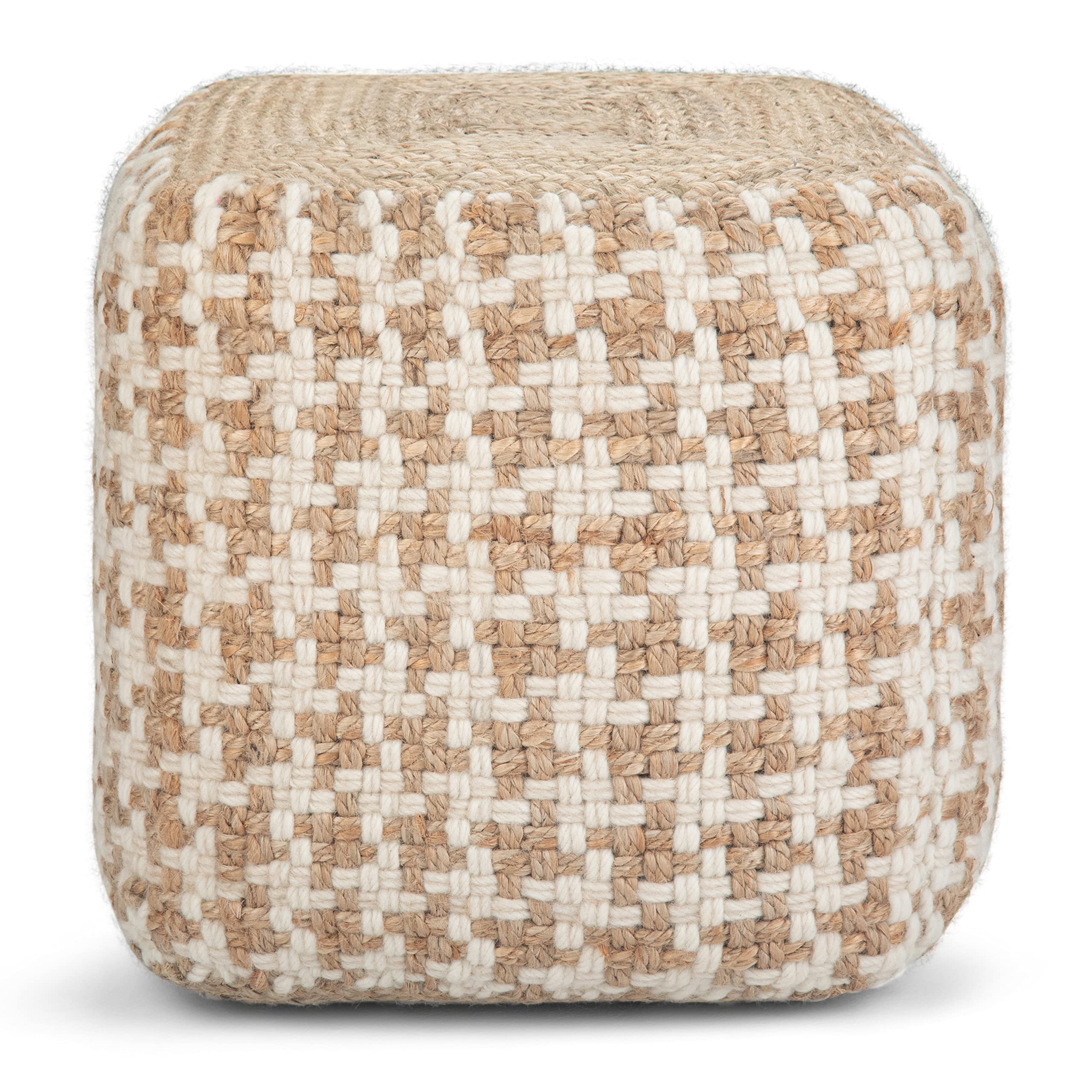 SIMPLIHOME Cullen 18 Inch Boho Cube Pouf - Natural Woven Wool & Jute Ottoman - Stylish Footrest & Seating for Living Room, Bedroom, Nursery & Dorm Decor - Perfect for Relaxing, Reading & Extra Guest Seating