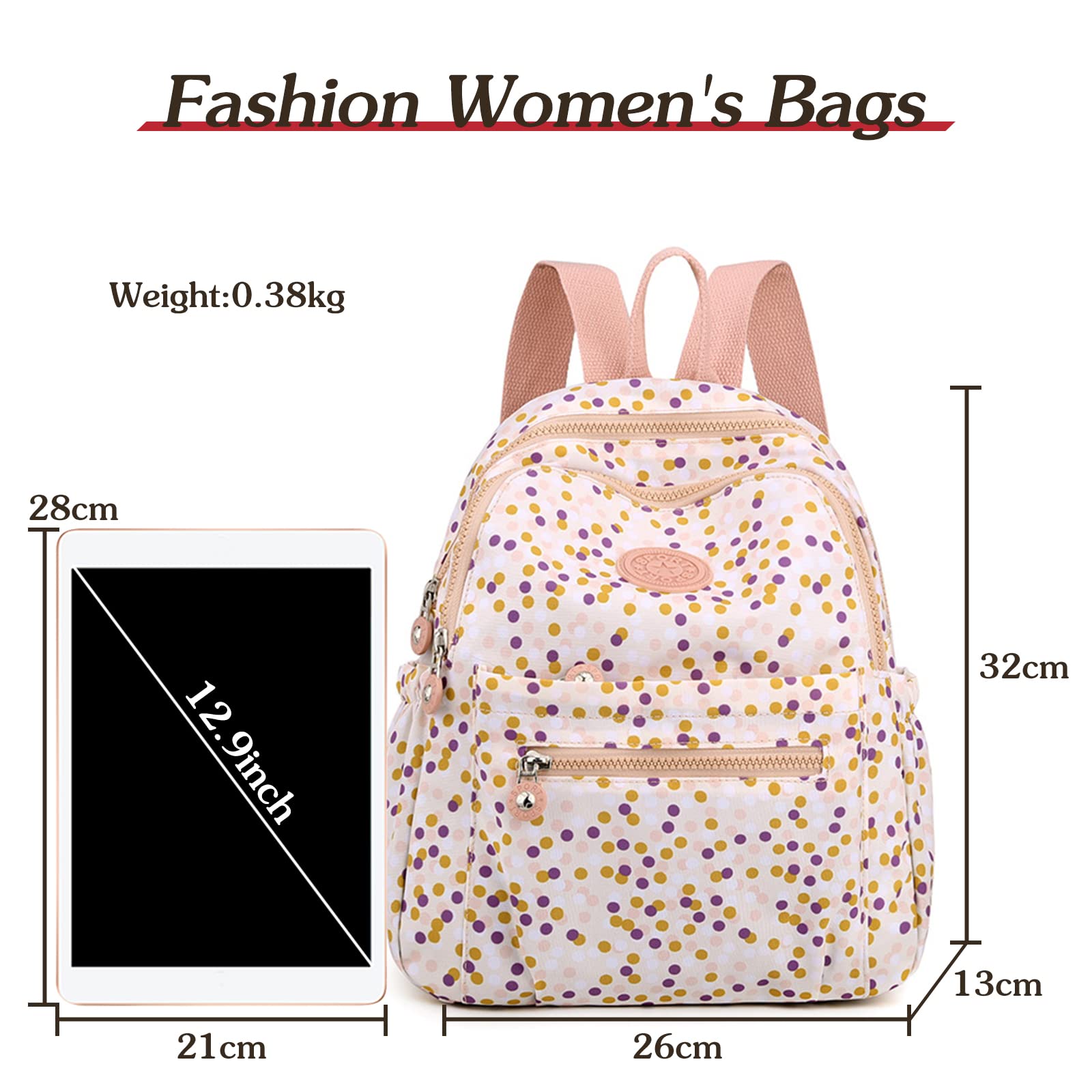PORRASSO Women's Backpack - Lightweight Nylon Daypack for Work & Travel - Stylish Dots Design