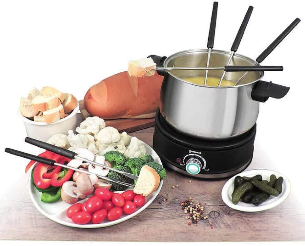 Swissmar Arolla 10-Piece Stainless Steel Electric Fondue Set - Multi-Purpose Fondue Pot for Cheese, Chocolate, Caramel, Oil & Broth - 2.1 Qt (2L) Capacity - Perfect for Parties, Date Nights & Family Gatherings - Great Wedding & Housewarming Gift