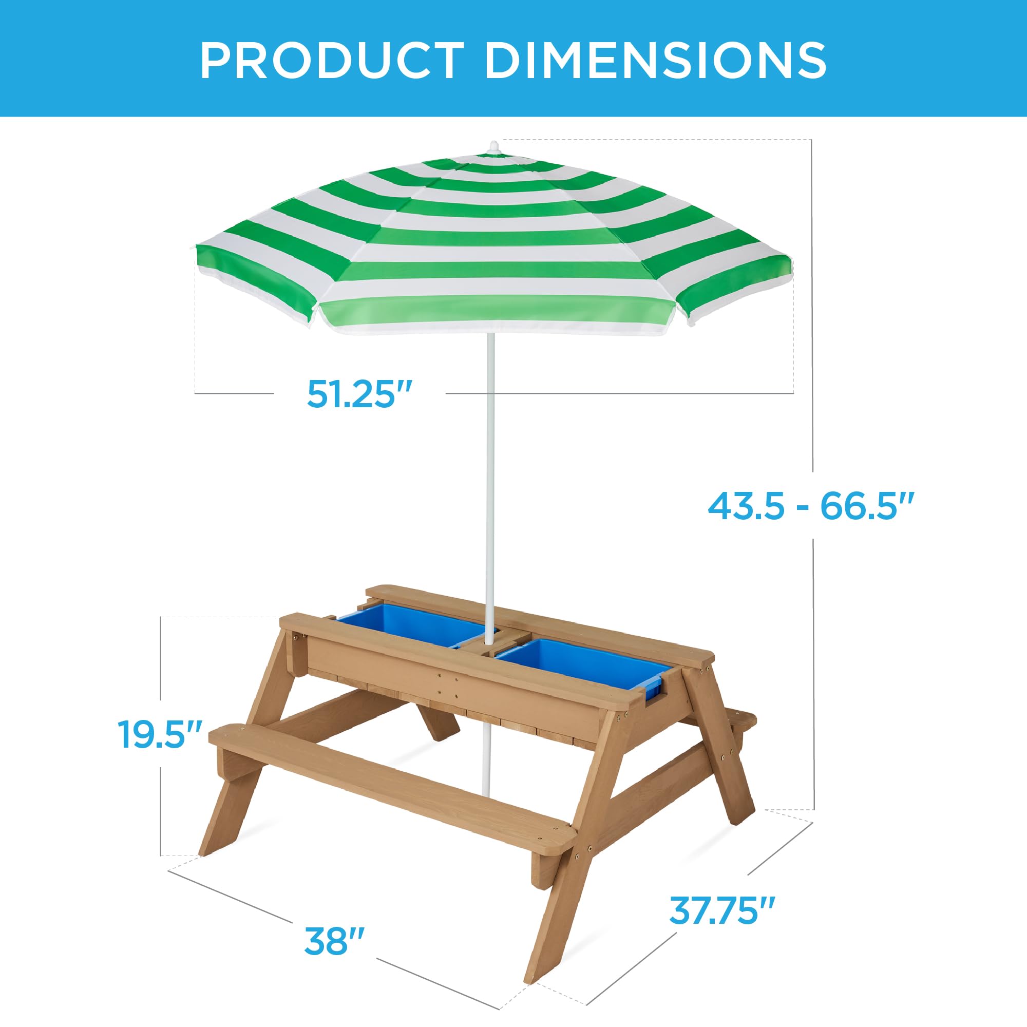 Best Choice Products Kids 3-in-1 Sand & Water Table - Outdoor Wooden Convertible Picnic Table with Umbrella, 2 Trays & Removable Top - 220lb Capacity Bench - Green | Perfect for Backyard Play, Beach Fun & Outdoor Dining