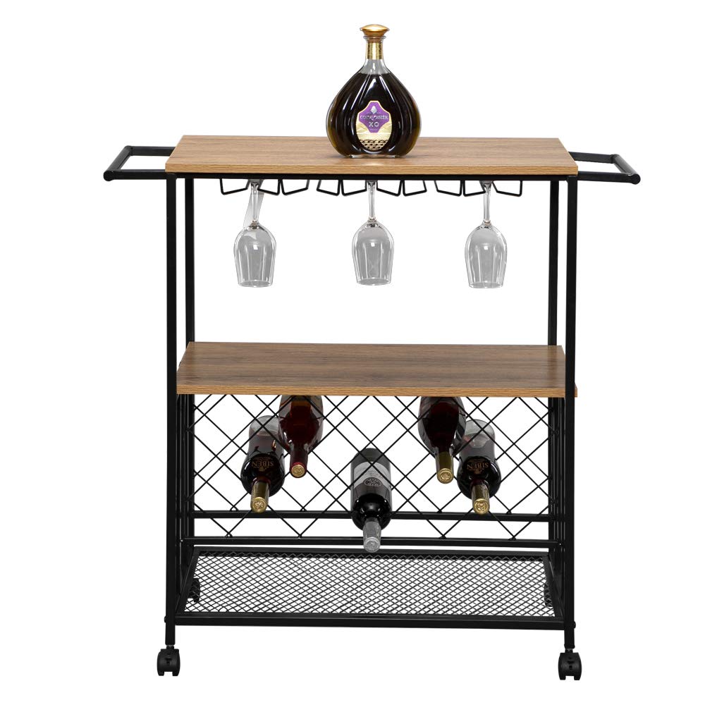 Vintage Brown Industrial Bar Cart on Wheels with Wine Rack & Glass Holder - Mobile Home Bar Cart for Living Room, Kitchen, or Outdoor Entertaining