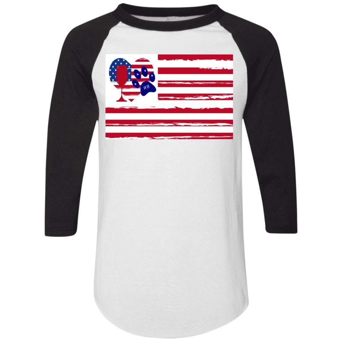 American Flag Wine Paw Heart Colorblock Raglan Jersey - Patriotic Comfort Wear for Casual Outings & Wine Tasting Events