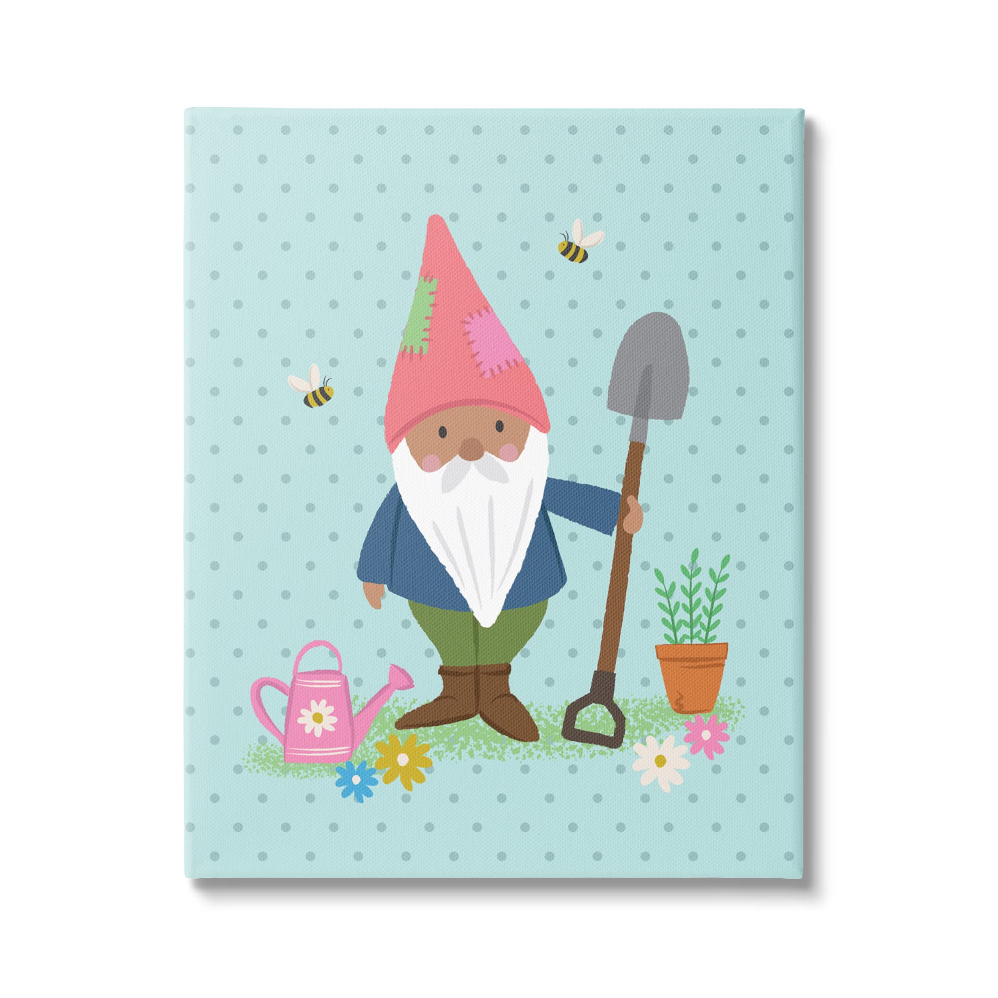 Stupell Industries Blue Polka Dot Gnome Flower Pot with Bees - Cute Garden Decor by Lisa Perry Whitebutton - Perfect for Indoor/Outdoor Plant Display, Patio Decor & Gift Ideas