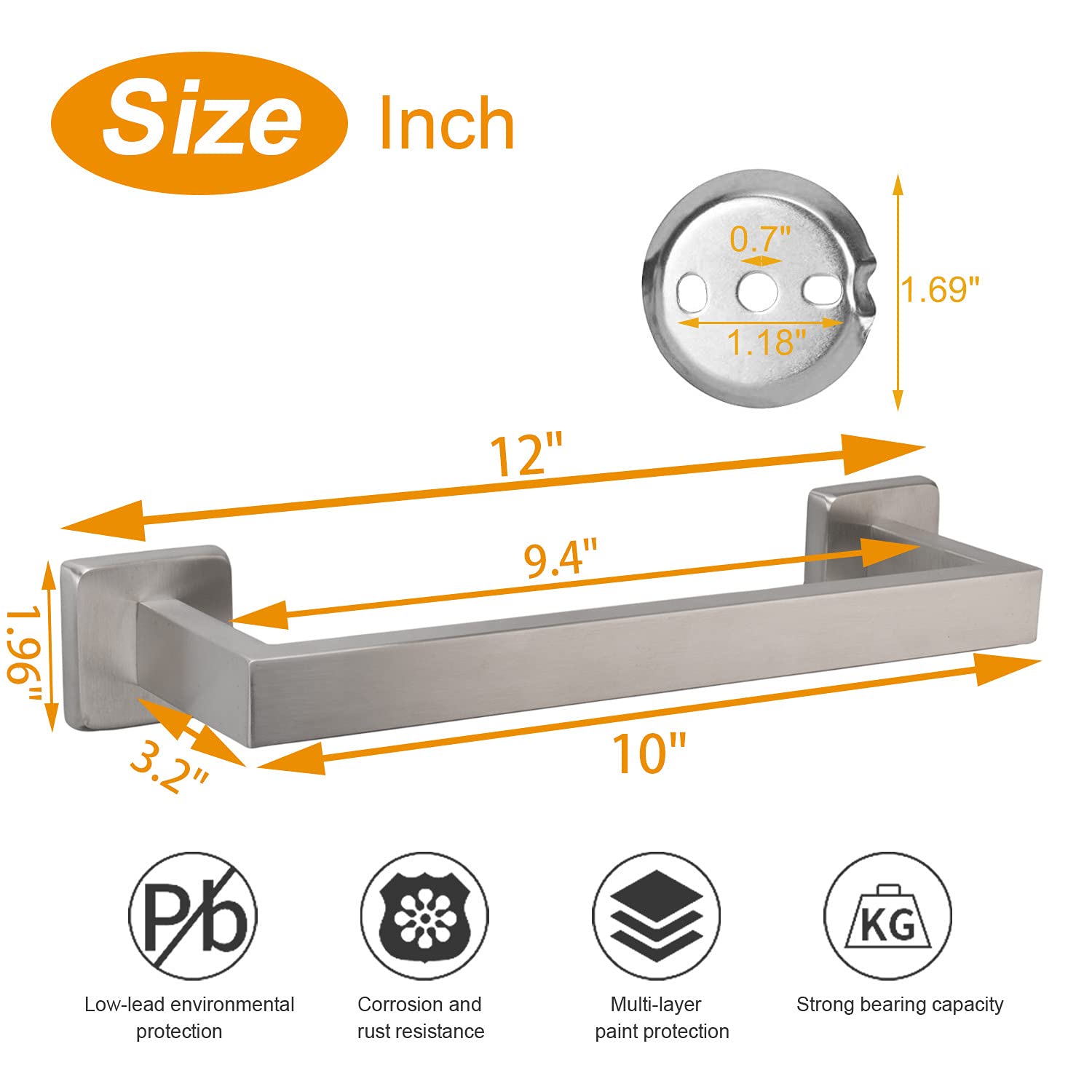 TocTen Heavy Duty Stainless Steel Towel Rack - 12 Inch Brushed Nickel Wall Mounted Bathroom Towel Holder with Square Base, Durable SUS304 Bath Towel Bar for Shower, Spa & Home Decor Accessories