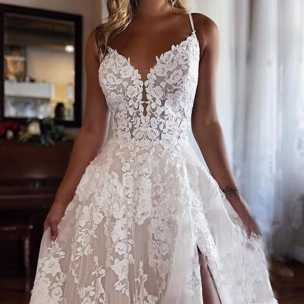 2024 Women's Beach Wedding Dresses - Elegant Spaghetti Straps Lace Appliques Bridal Gowns | Perfect for Destination Weddings, Beach Ceremonies & Tropical Vow Renewals