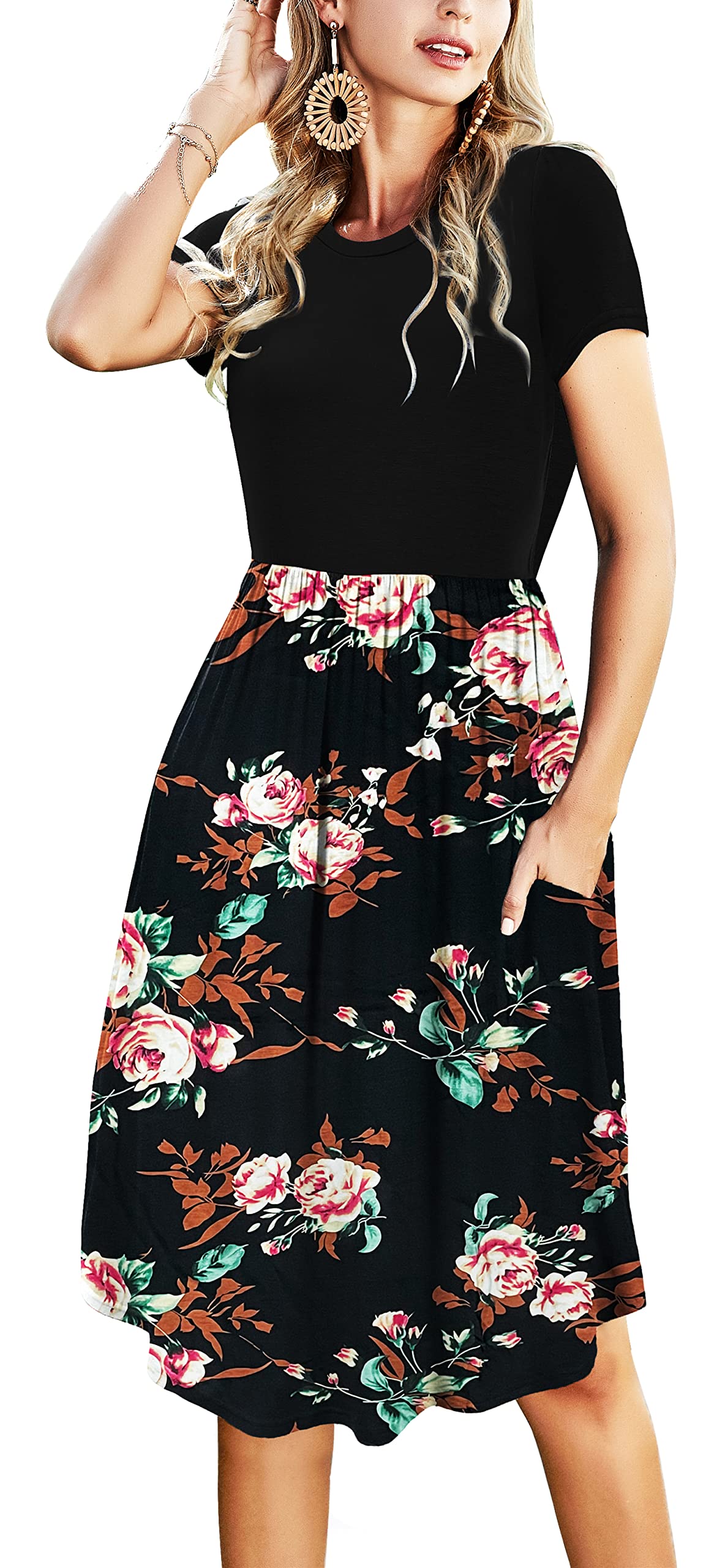 Women's Floral Print Modest Midi Dress with Pockets - Knee Length Casual Summer Dress for Teachers - Perfect for Work, Church, and Everyday Wear