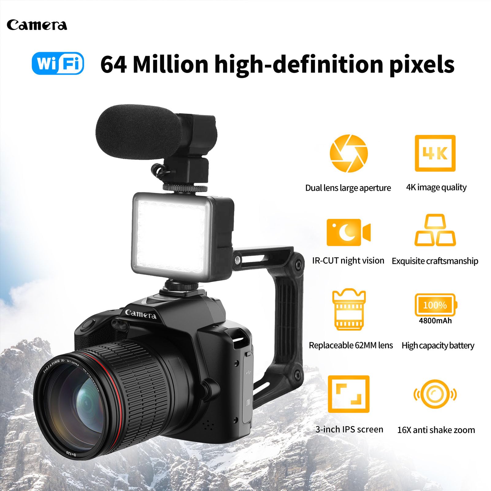 Fockety 4K 64MP Digital Camera for Photography & Vlogging - WiFi YouTube Travel Camera with 16X Zoom, Wide-Angle Lens, Macro Lens, HD Night Vision & 4800mAh Battery - Perfect for Travel Vlogging, YouTube Content Creation & Night Photography