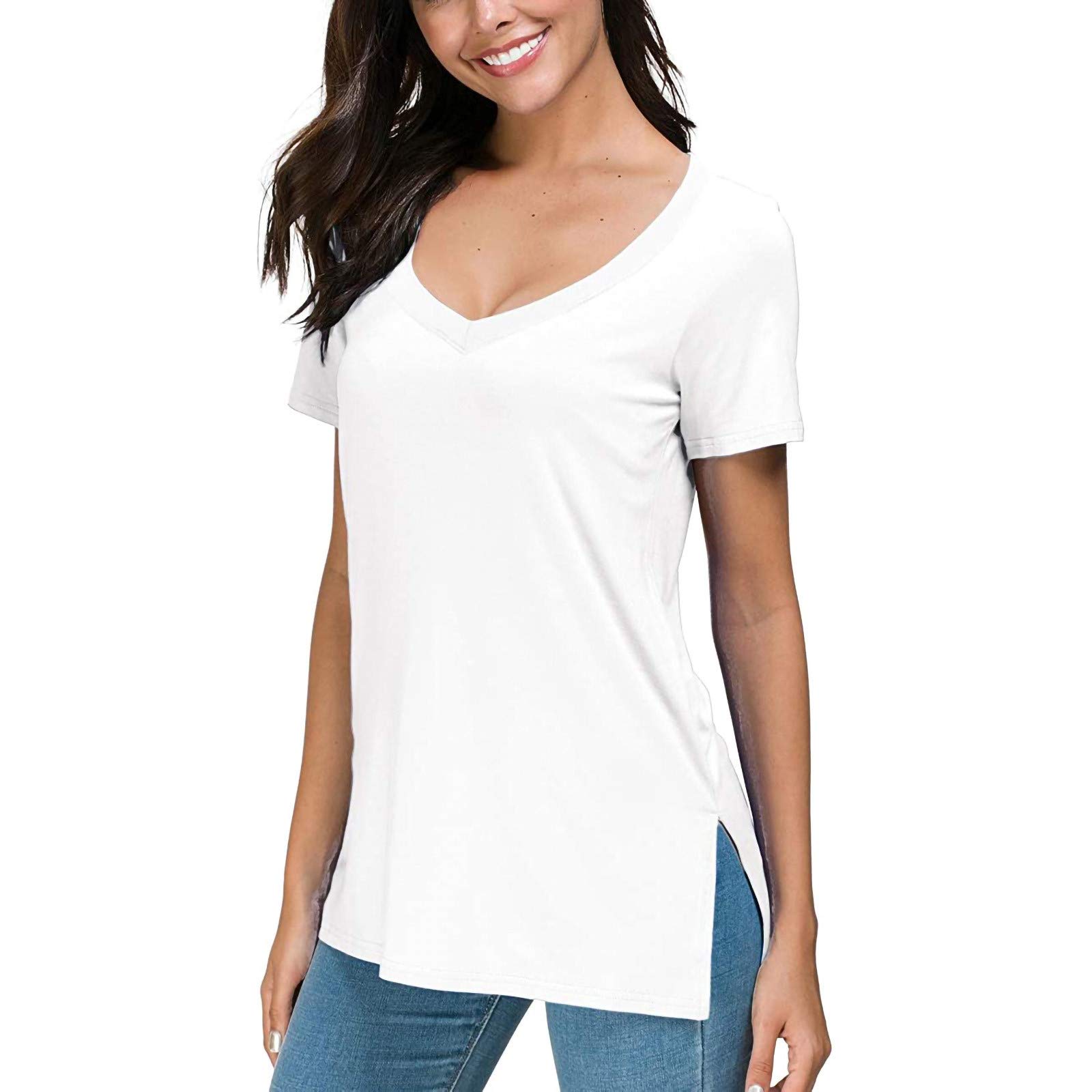 Women's V-Neck T-Shirt - Solid Color Short Sleeve Casual Top with Side Split | Summer Fashion, Everyday Wear, Workout & Lounge Outfit