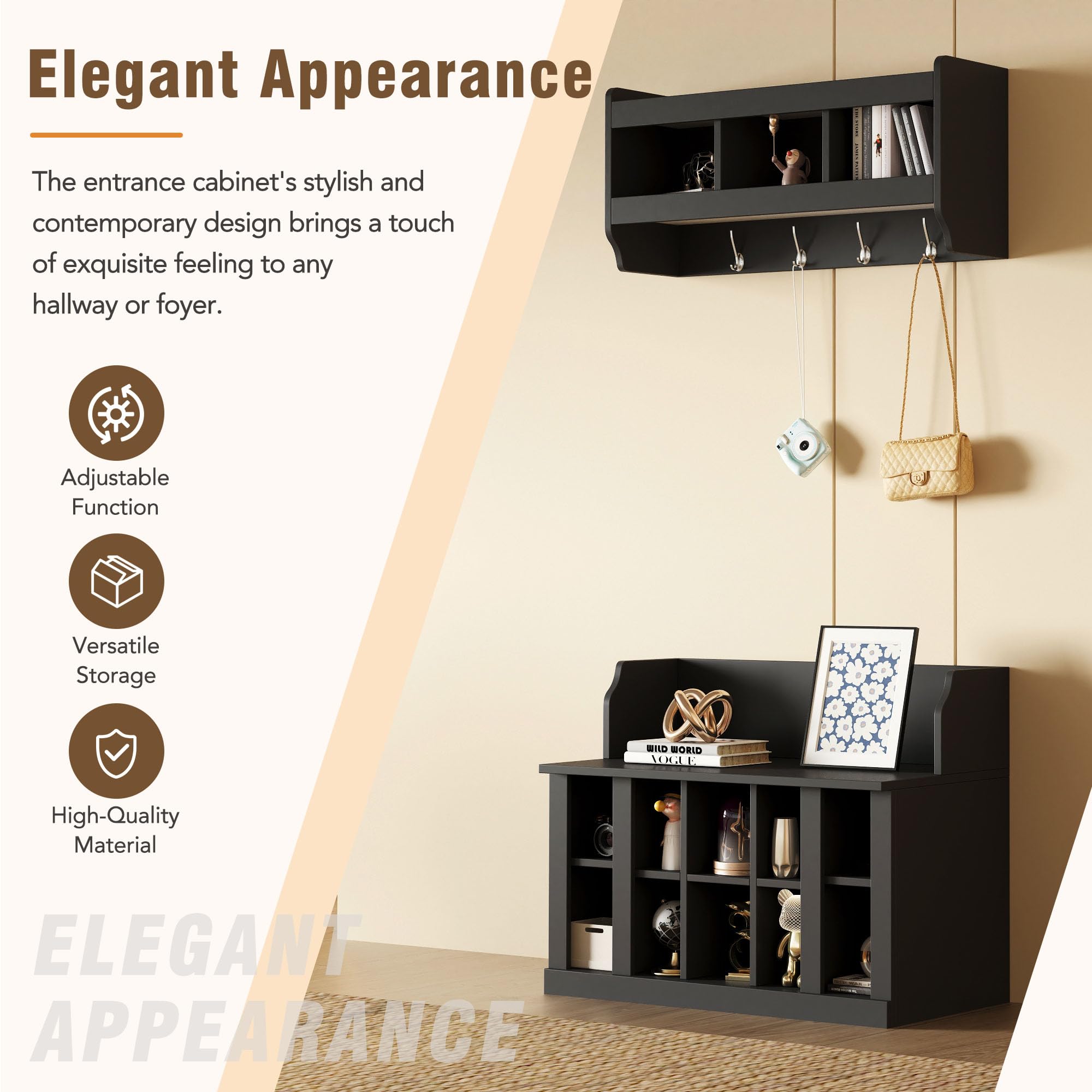 Modern Hall Tree Entryway Organizer - Coat Rack Shoe Storage Bench with Shelves & 4 Hooks, Wall Mounted Mudroom Furniture for Coats, Shoes & Accessories - Perfect for Entryways, Hallways & Small Spaces (Black)