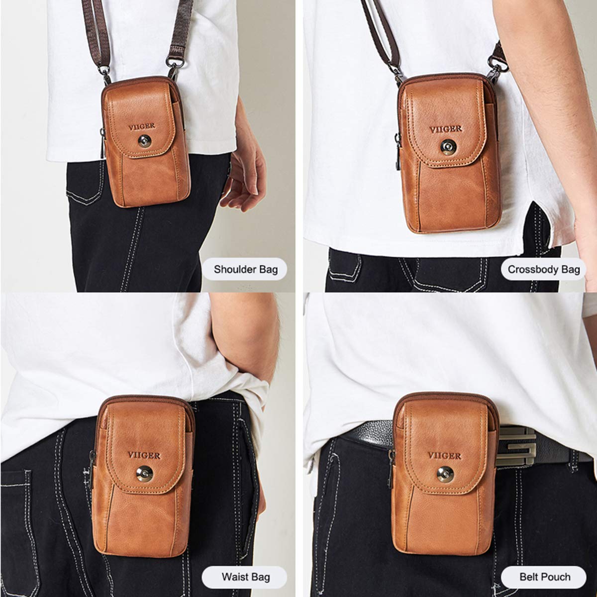 VIIGER Genuine Leather Magnetic Phone Holster - Compatible with iPhone 16 Pro Max/15 Pro Max & Samsung S24 Ultra - Belt Clip Pouch with Adjustable Loop for Crossbody, Shoulder Bag or Purse - Women's Brown Leather Cell Phone Case for Work, Travel & Outdoor Activities