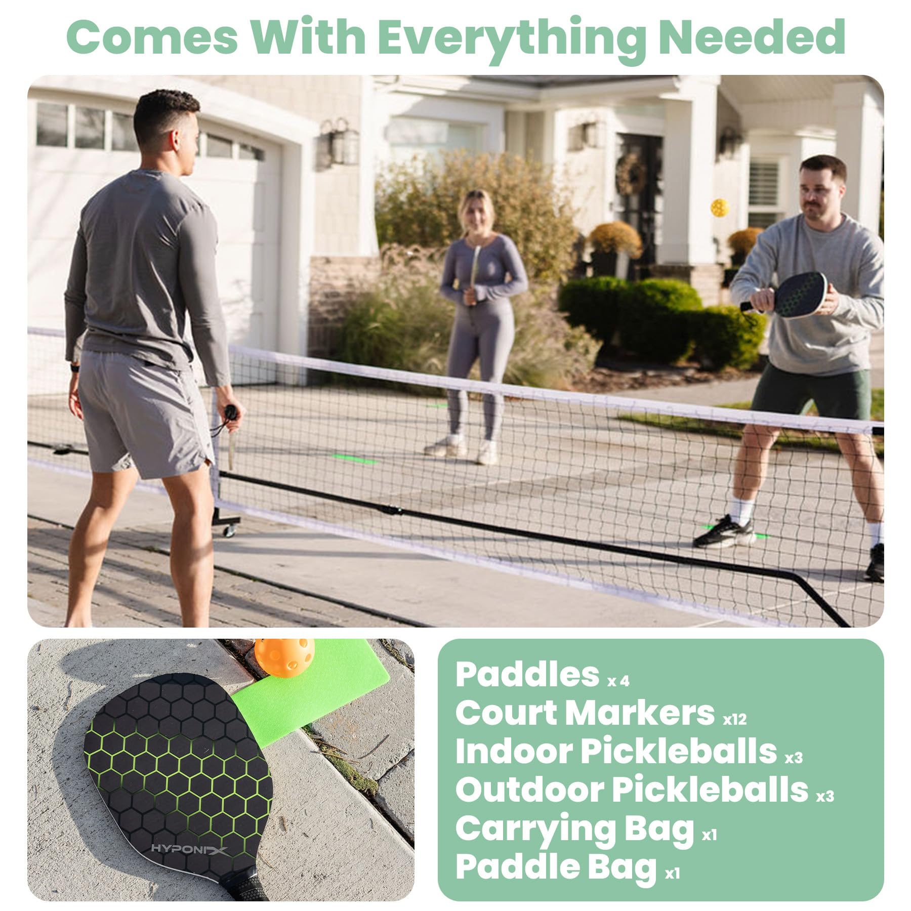 Portable Foldable Pickleball Set with Net, Wheels, Paddles & Balls - Easy Storage Outdoor Pickleball Equipment for Driveway, Backyard & Park - Perfect for Family Games, Tournaments & Outdoor Activities
