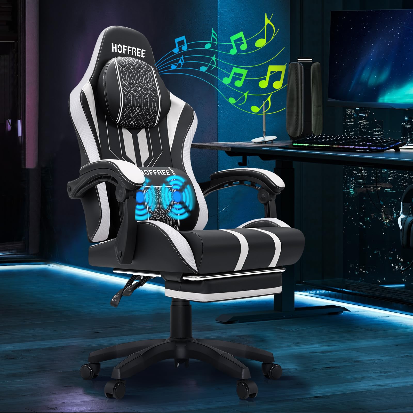 HOFFREE Ergonomic Gaming Chair with Built-in Bluetooth Speakers & Massage Function - Big and Tall Computer Chair with Adjustable Footrest, 400lbs Weight Capacity - White & Black - Perfect for PC Gaming, Home Office & Streaming Setup