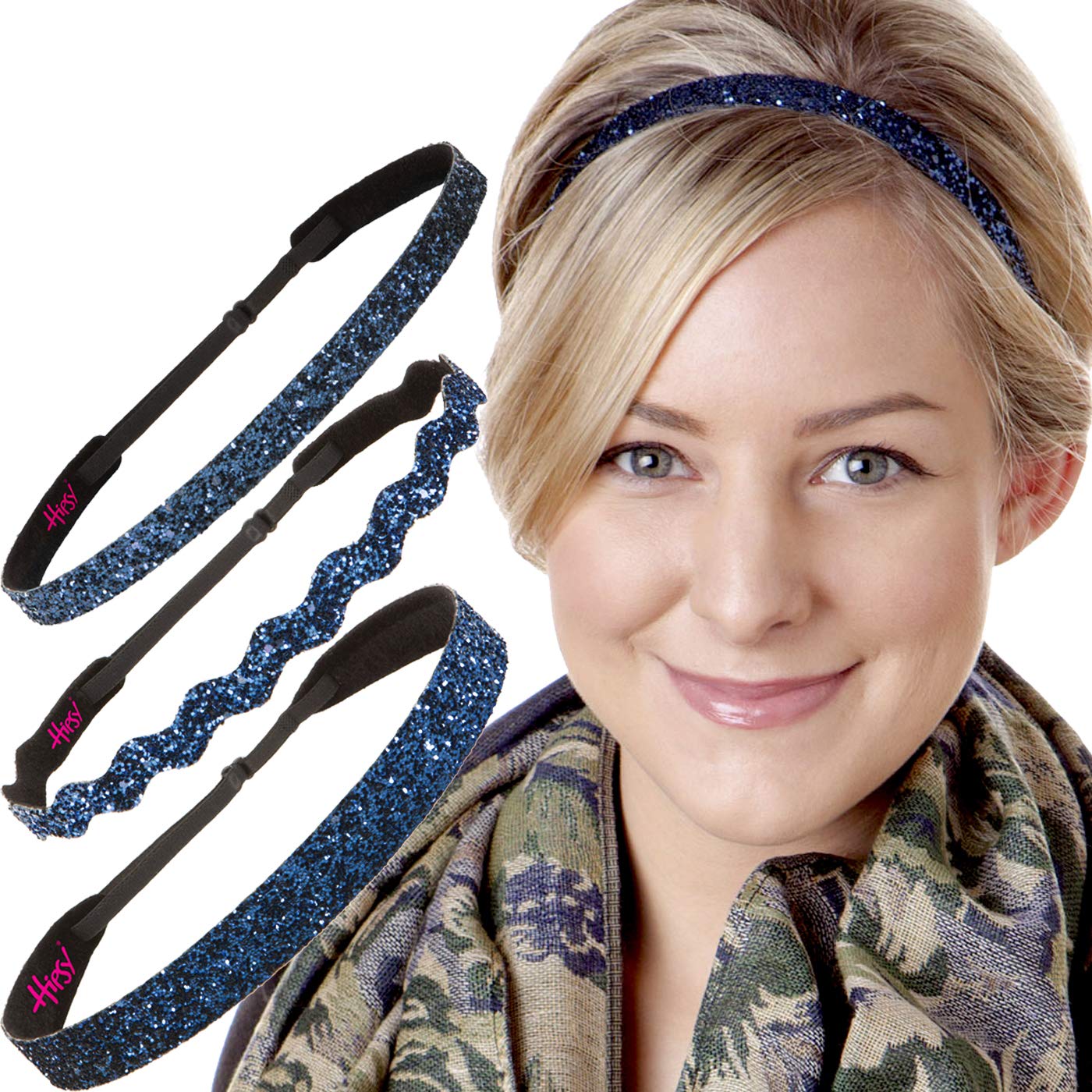 Sparkly Bling Adjustable No-Slip Headbands for Women, Girls & Teens - 3 Pack Mixed Colors (Navy Blue Glitter) - Perfect for Sports, Workouts, School & Everyday Fashion