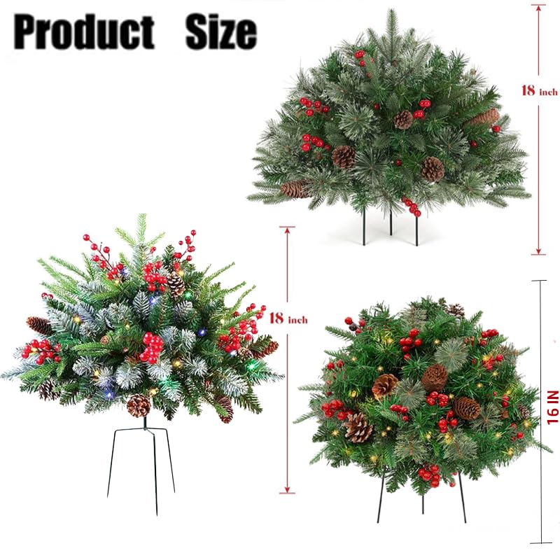 Topsgain Christmas Planter with 60 LED Lights - 2 Pack Indoor/Outdoor Holiday Urn Filler for Porch, Patio & Mantel Decor (18-Inch Prelit Artificial Bushes, C-18IN)