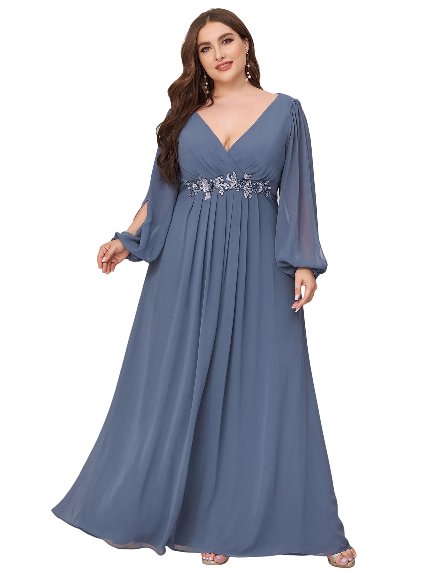 Ever-Pretty Plus Size Women's Formal Dress - V Neck, Floor Length, Lantern Sleeves with Floral Applique for Curvy Women | Perfect for Weddings, Prom & Evening Events