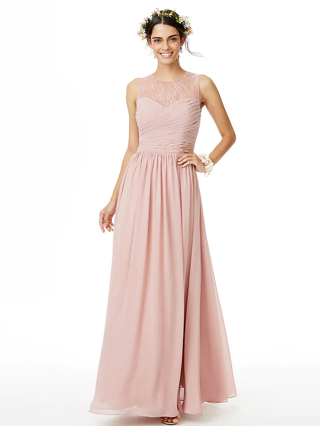 Elegant A-Line Bridesmaid Dress with Jewel Neckline & Sleeveless Design - Floor Length Chiffon Lace Gown with Criss Cross Back & Pleats Detail - Perfect for Weddings, Formal Events & Special Occasions