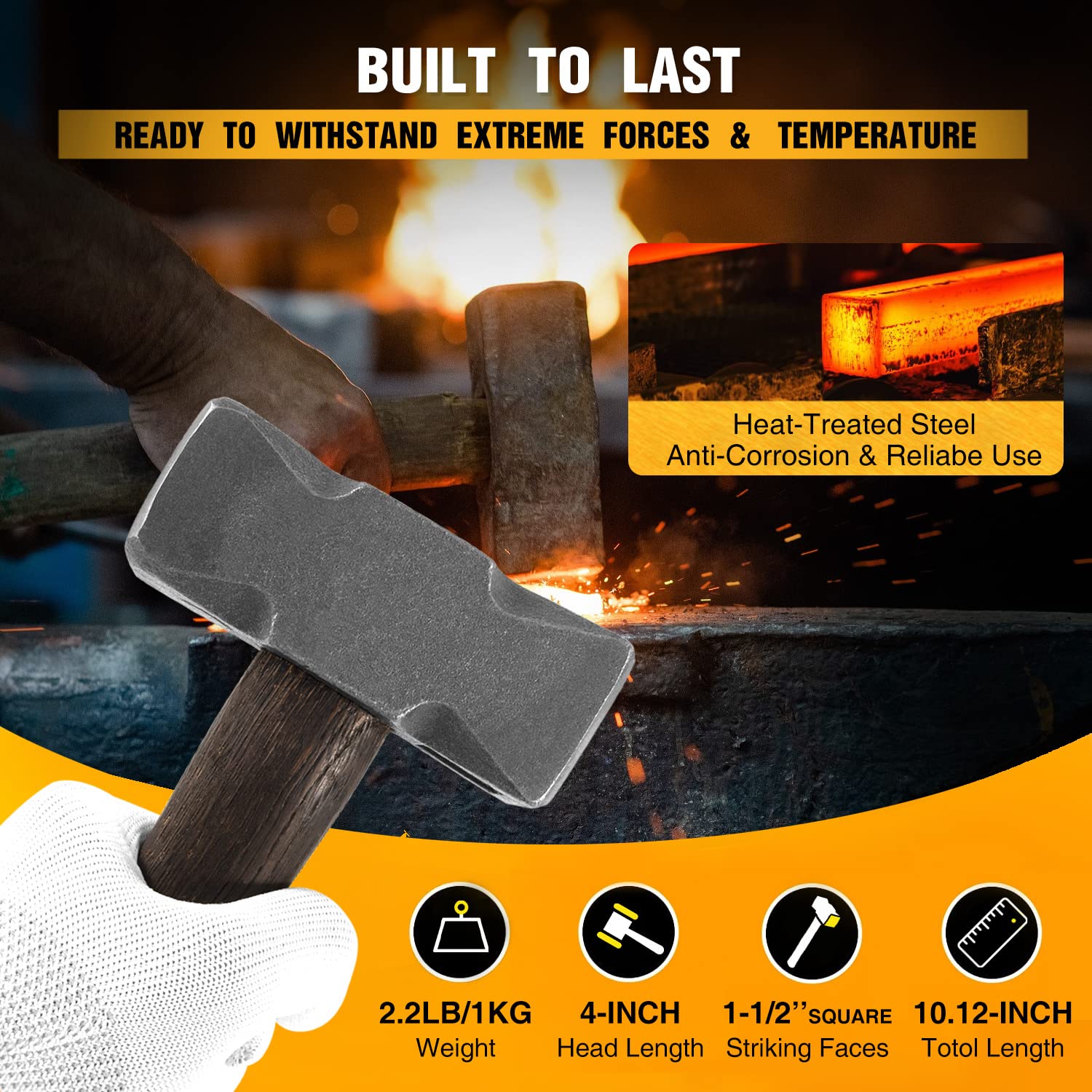 2.2LB Handmade Square Forge Hammer for Blacksmithing, Farrier & Knife Making - Professional Metalworking Tool for Shoeing Horses, Blade Crafting & DIY Forging Projects