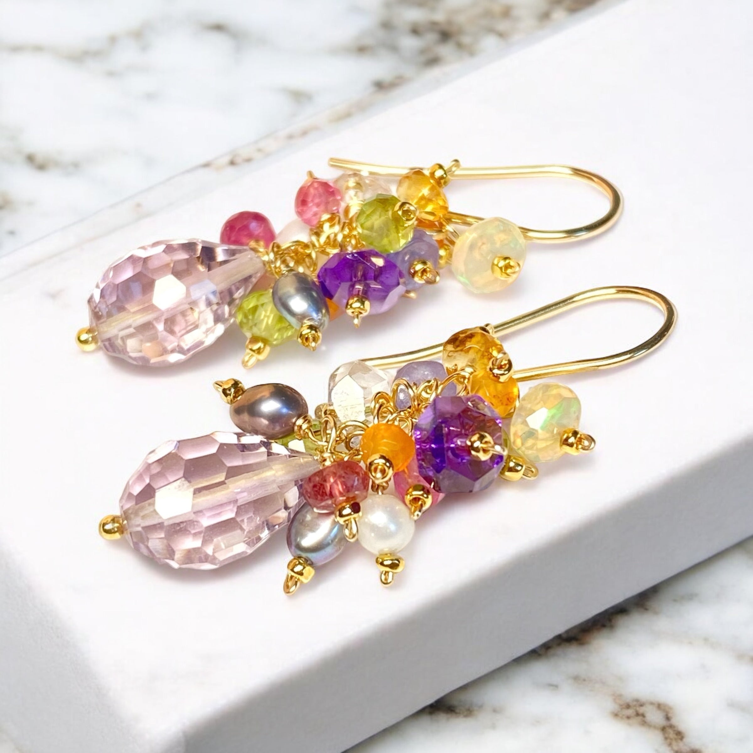 Pink Amethyst Multi Gemstone Cluster Dangle Earrings for Women | Elegant Bohemian Jewelry | Perfect for Parties, Weddings & Everyday Wear