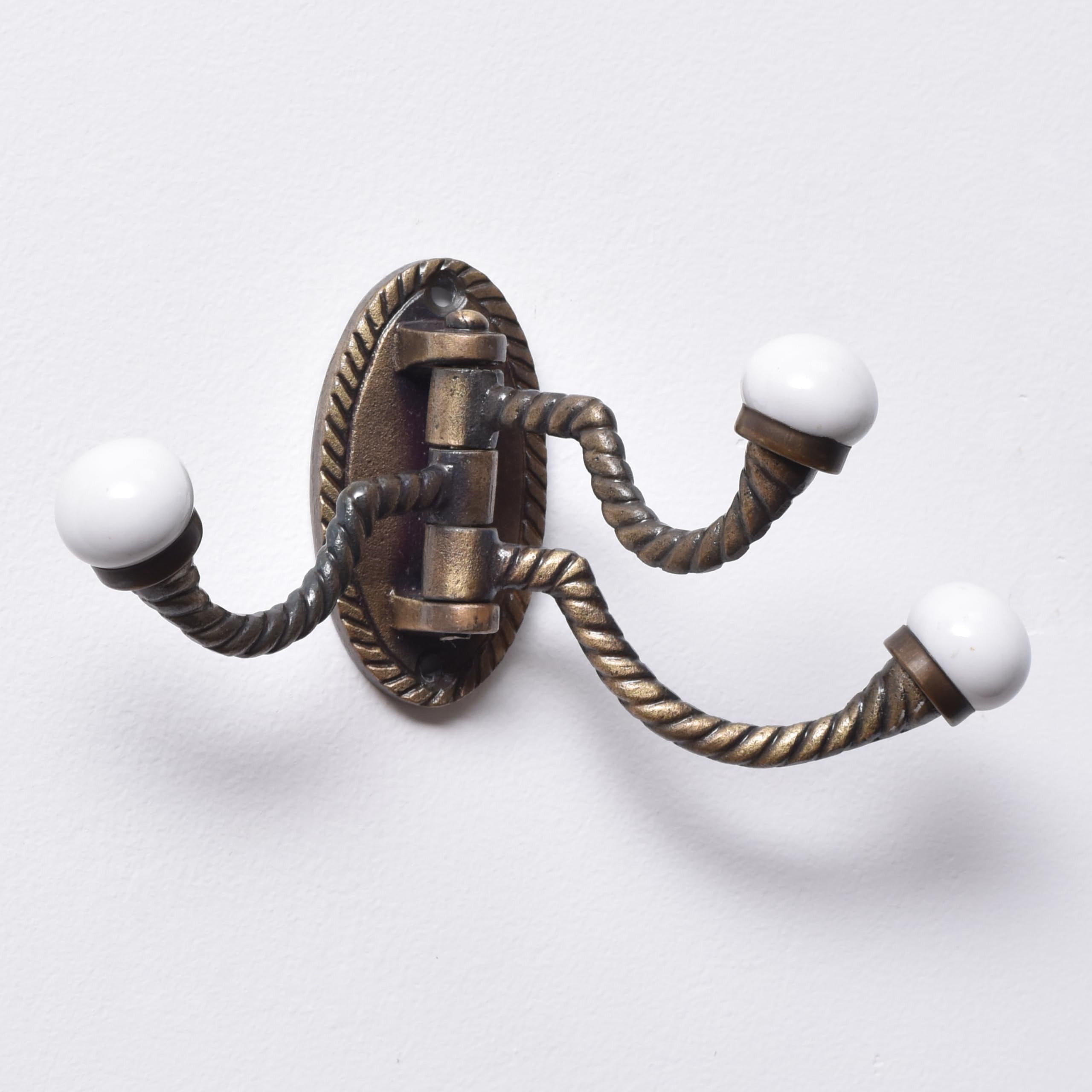 Vintage Iron & Ceramic Swivel Wall Hooks - 3-Prong Foldable Coat Hangers for Towels, Robes & Jackets | Antique-Style Space-Saving Solution for Bathroom, Bedroom & Entryway Organization