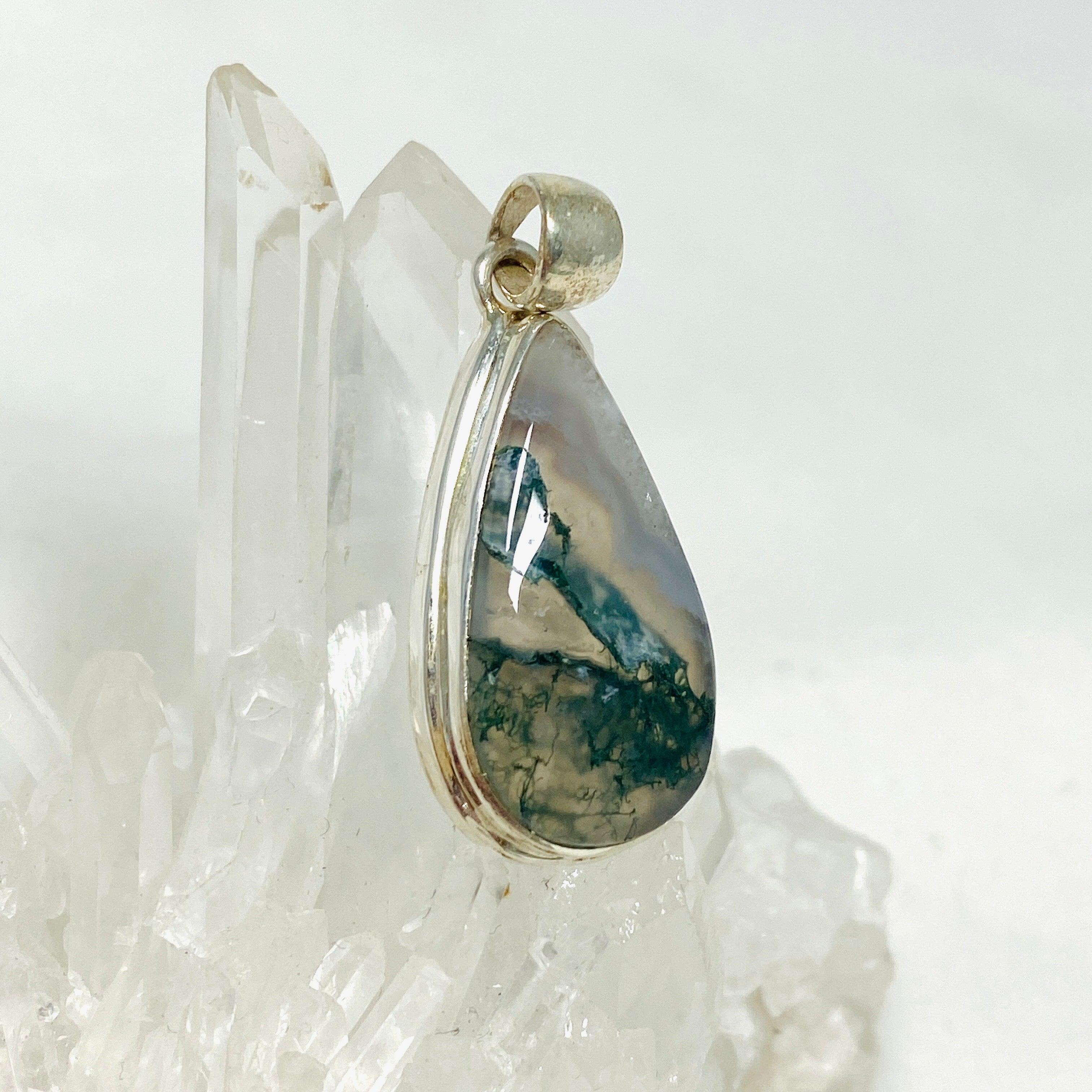 Natural Moss Agate Teardrop Pendant Necklace - 925 Sterling Silver Jewelry KPGJ3625 | Healing Crystal Gift for Women, Meditation & Spiritual Protection