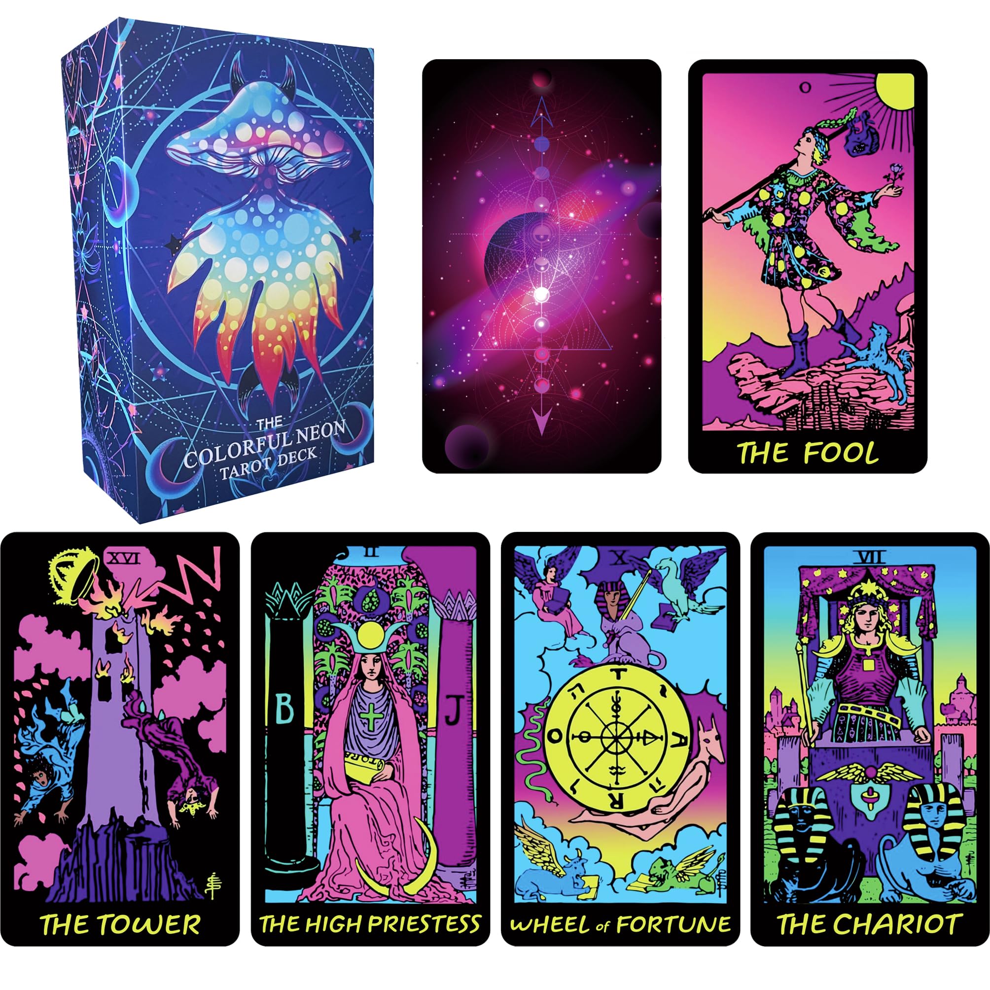 Vibrant Neon Tarot Cards Deck with Guidebook - 78-Card Beginner Tarot Set with Meanings | Perfect for Divination, Meditation & Spiritual Growth
