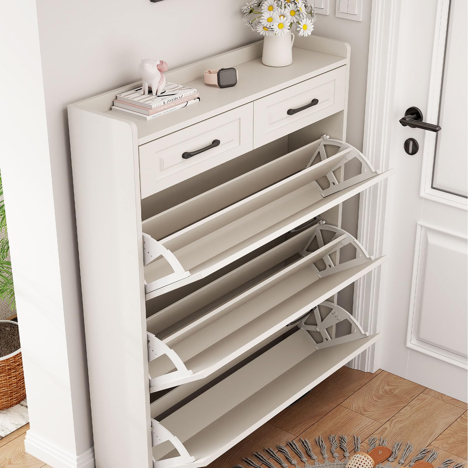 Compact 3-Door Shoe Cabinet with Drawers - Space-Saving Entryway Storage for Hallway & Apartment