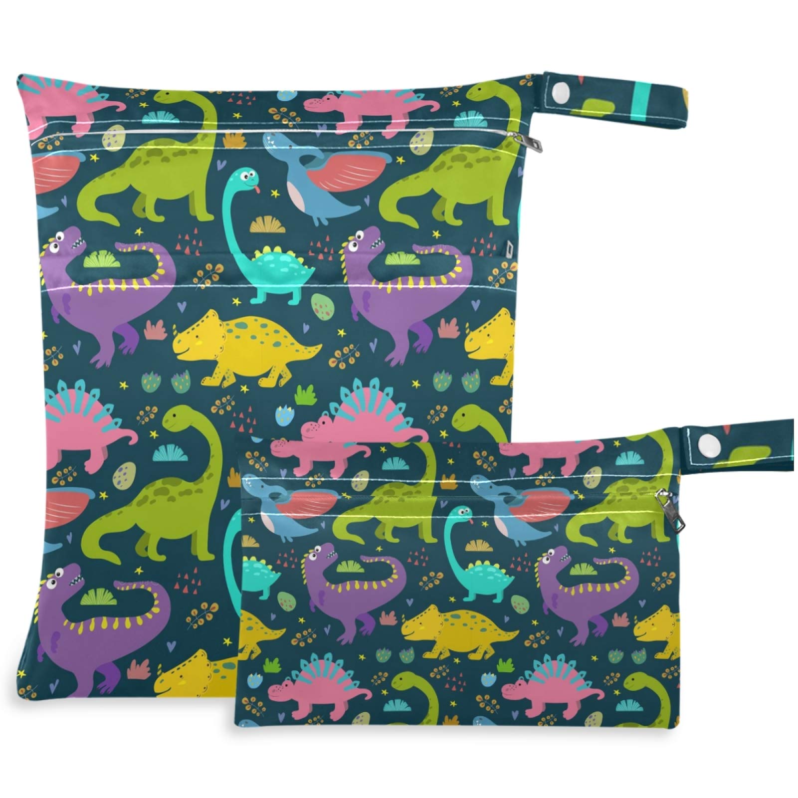 Visesunny 2-Pack Colorful Dinosaur Wet Bags with Zipper Pockets - Reusable & Washable Waterproof Organizer for Baby Diapers, Swimsuits, Gym Clothes - Perfect for Travel, Beach, Pool, Daycare, Stroller & Toiletries Storage