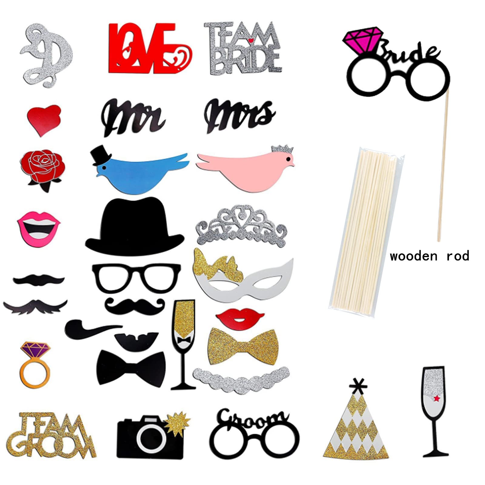 Andiker 31-Piece Wedding Photo Booth Props Kit - Funny Bridal Shower, Party & Valentine's Day Accessories with Wooden Sticks (Includes Ties, Hats, Mustaches) - Perfect for Bachelorette Parties, Anniversary Celebrations & Social Media Selfies