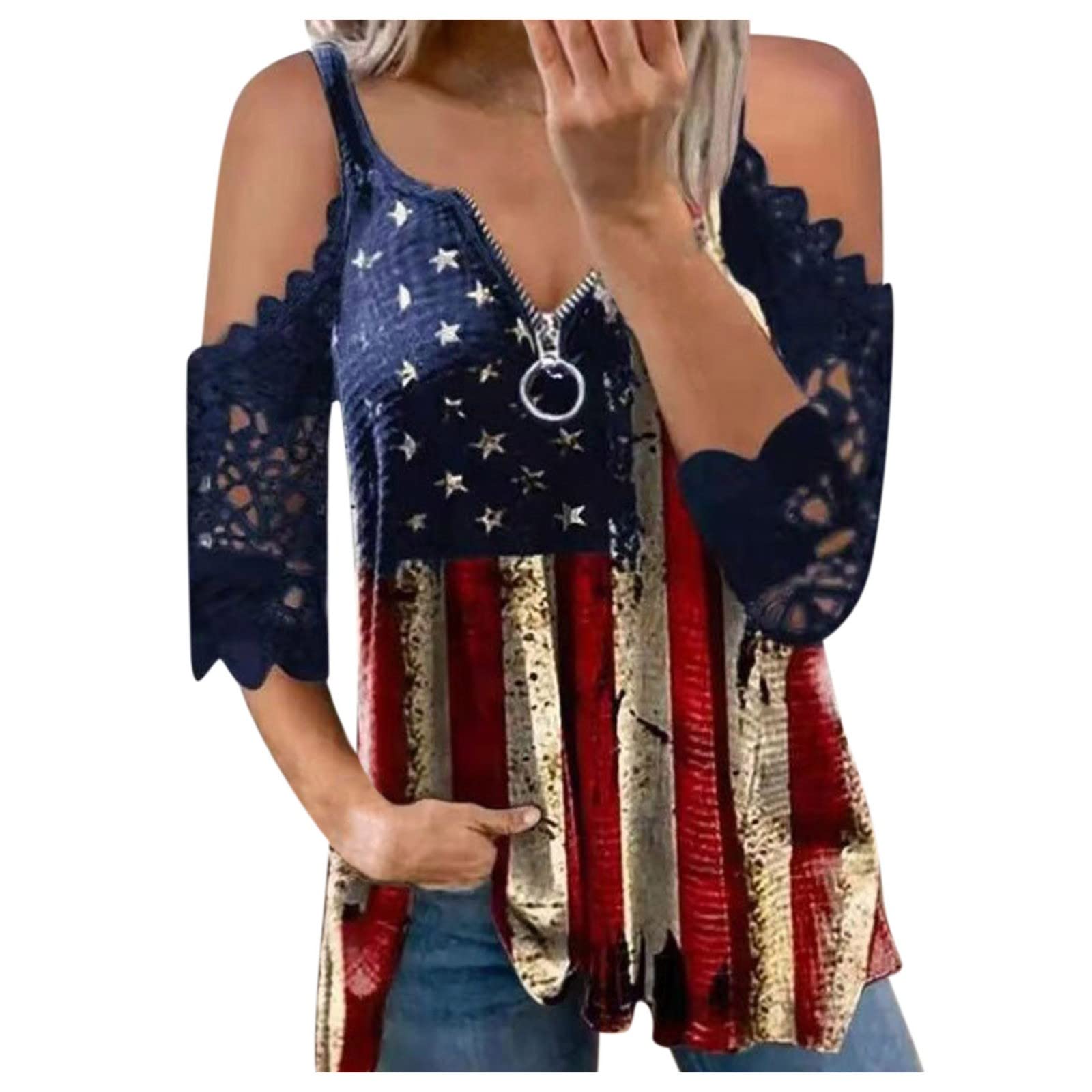 Women's Fashion Lace Stripe Zip Shoulder Print T-Shirt & Tank Top Set - Casual Summer Tops for Women (Blue, S) - Perfect for Beach Outings, Parties, and Everyday Wear