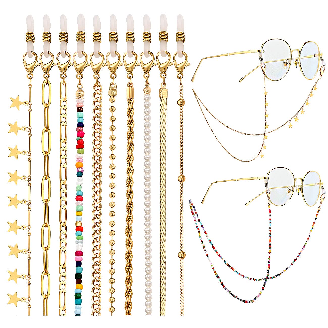 PHALIN 10PCS Gold Figaro Eyeglass Chain Necklace - Anti-Lost Glasses Lanyard for Women, Face Mask Holder & Stylish Accessory - Perfect for Reading, Work, and Everyday Use