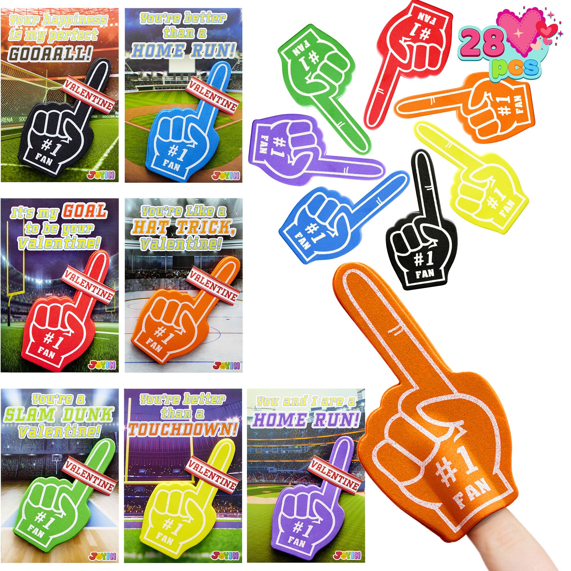 JOYIN 28 Pcs Valentine's Day Foam Fingers with Greeting Cards for Kids - Classroom Exchange Gifts, Holiday Party Favors & Reward Prizes - Perfect for School Celebrations, Valentine's Parties & Classroom Activities