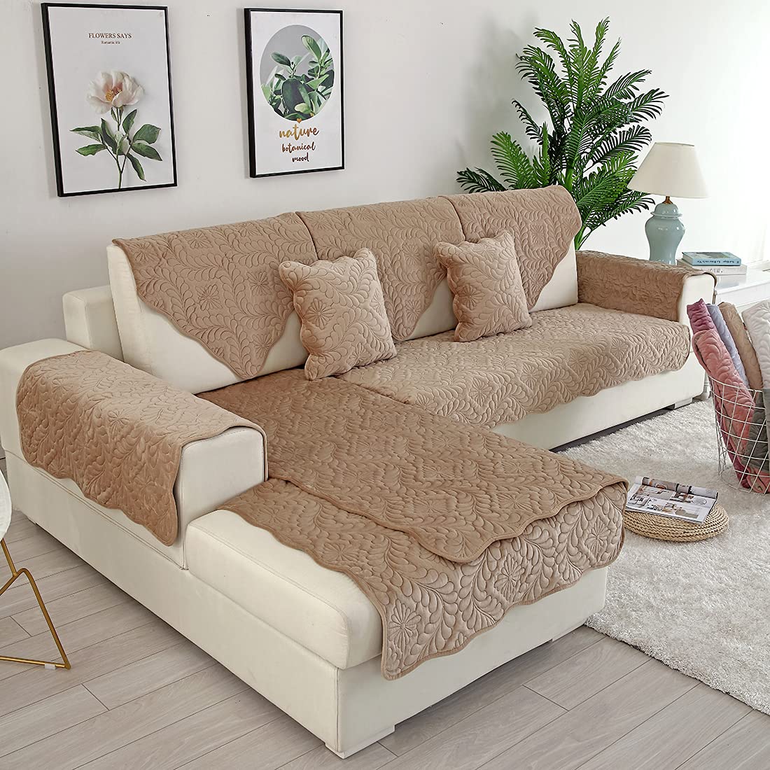 VCTOPS Velvet Quilted Sofa Cover - Soft Non-Slip Sectional Couch Slipcover for Pets, Fits L-Shaped & Recliner Couches (36x63 Inches, Coffee Brown) - Perfect for Pet Owners & Living Room Protection