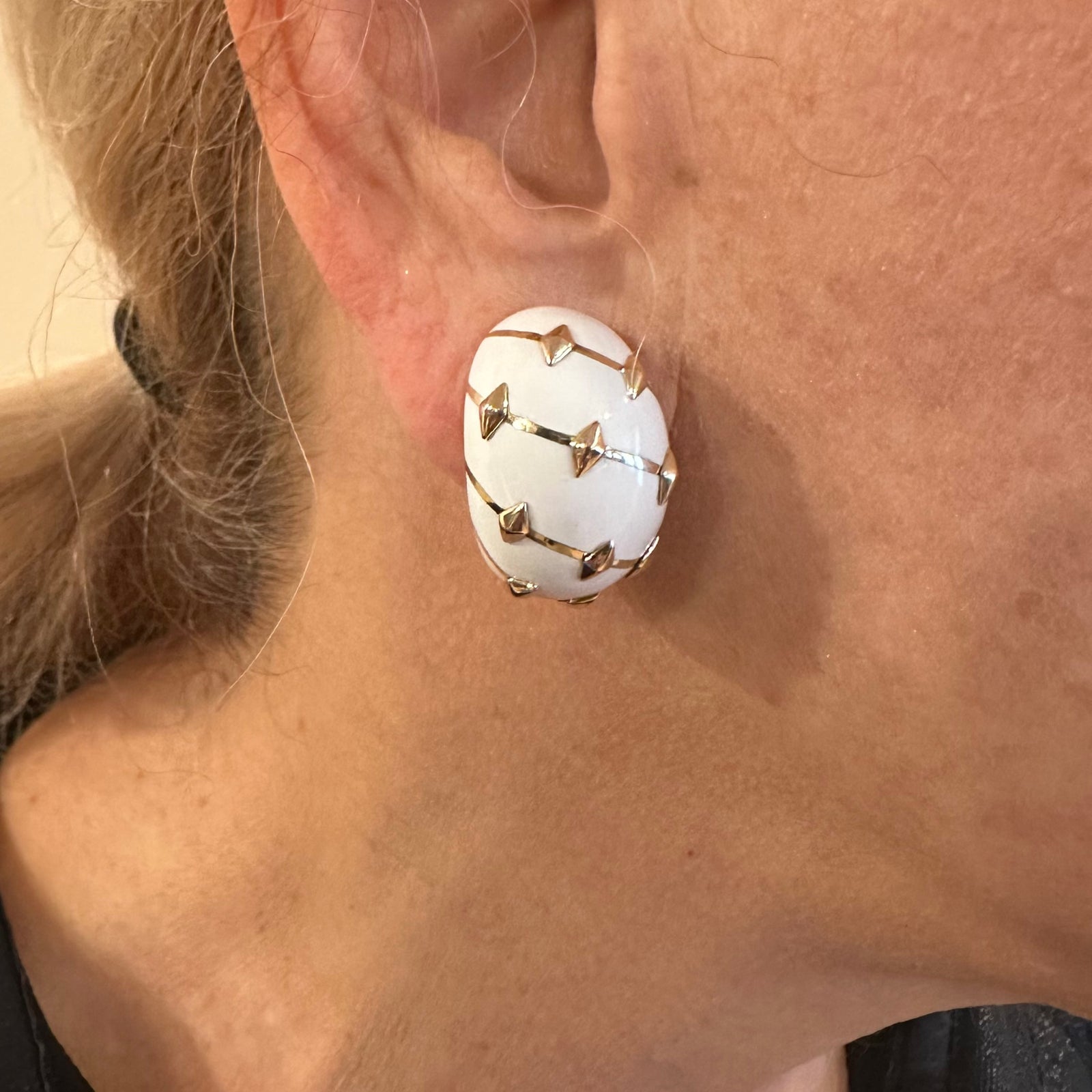 Tiffany & Co Schlumberger Dot Losange 18k Yellow Gold White Enamel Hoop Earrings | Luxury Designer Jewelry for Women | Perfect for Parties, Weddings & Special Occasions