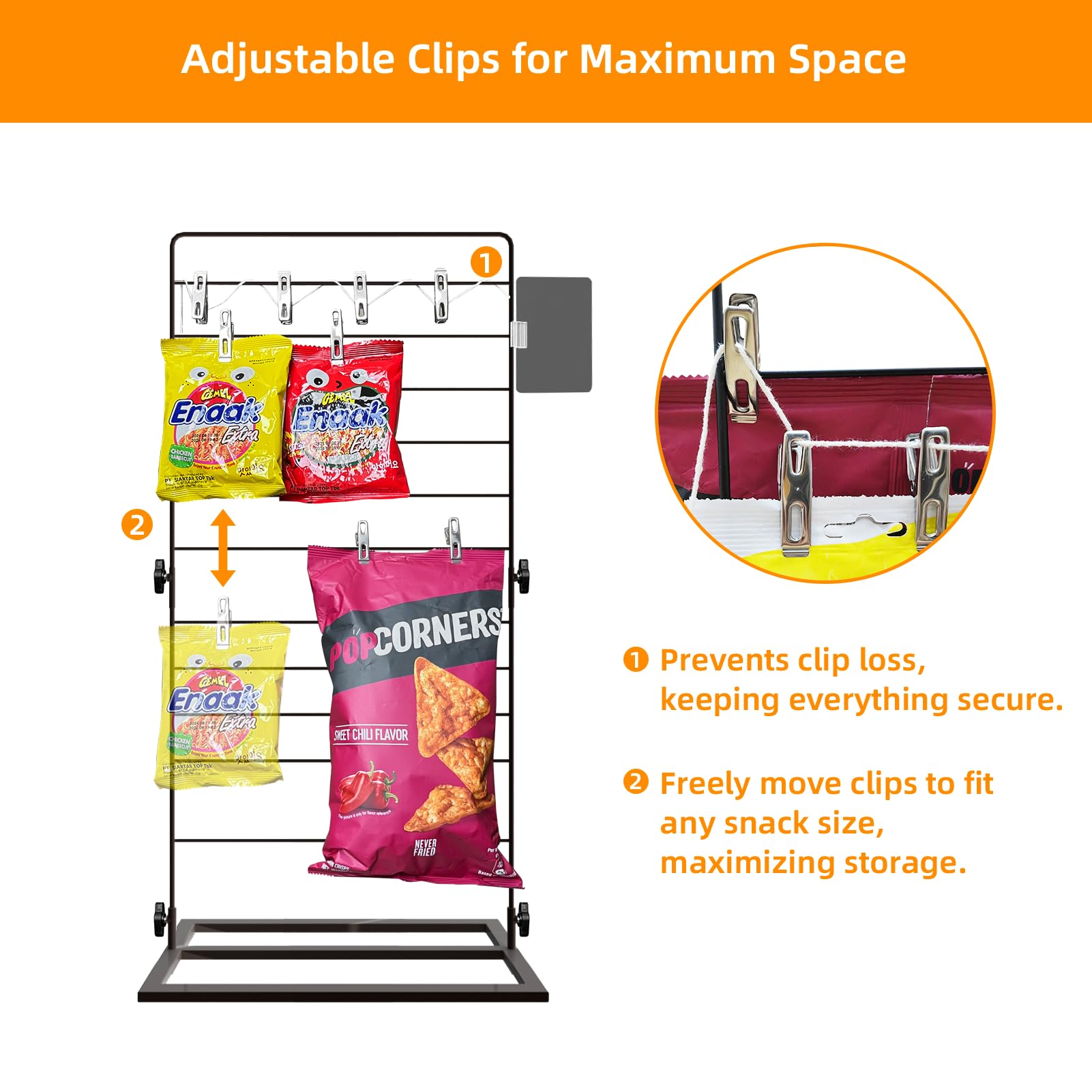 **Thickened Base Chip Rack Display Stand with 40 Clips - Snack & Chip Bag Holder for Pantry Organization, Party Serving, and Concession Stand Supplies (Black, Medium)**    **Usage Scenarios:** Perfect for organizing snacks in pantries, displaying chips at parties, or enhancing concession stand setups.