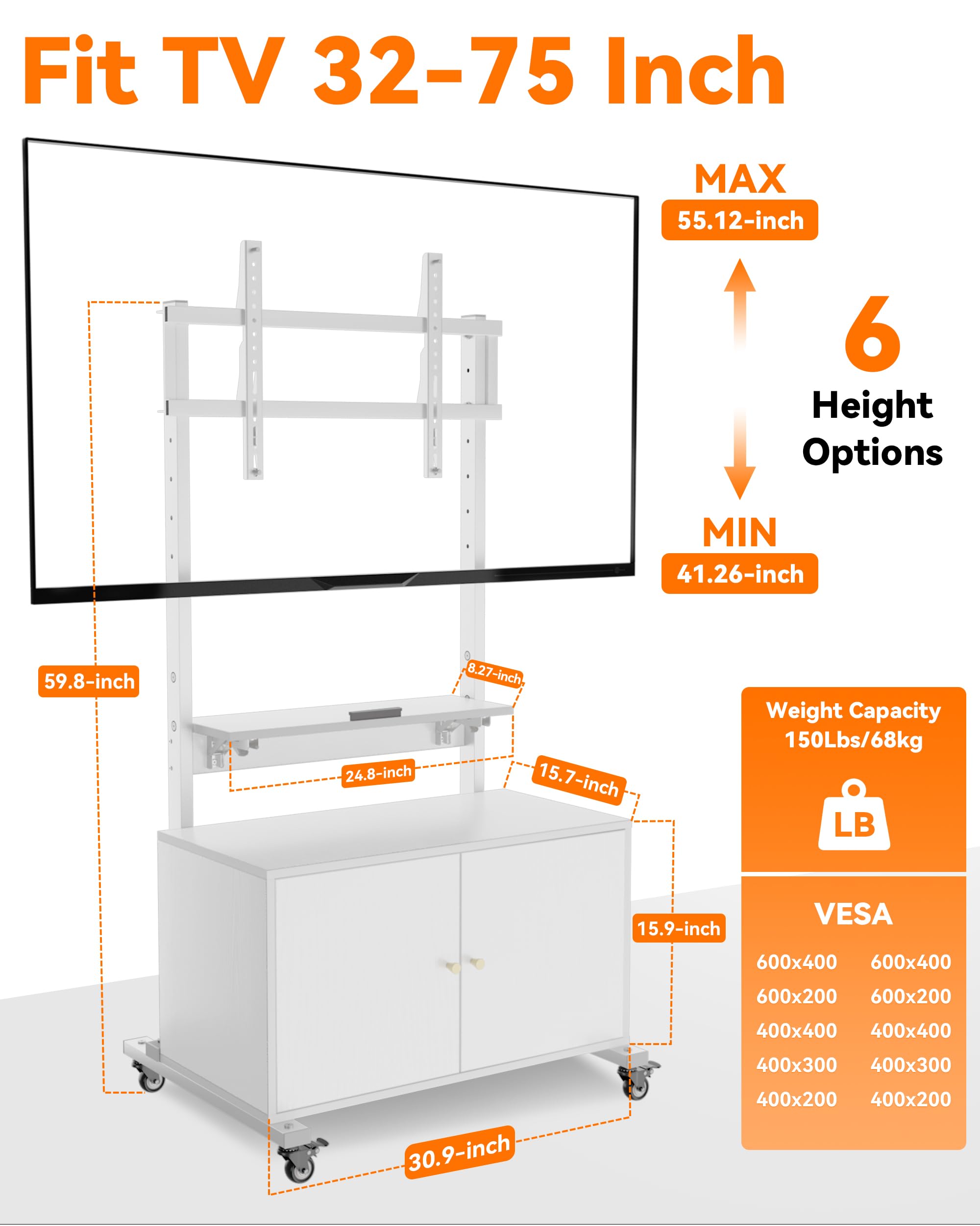 Adjustable Rolling TV Stand with Storage for 32-75 Inch Screens - Mobile Entertainment Center with Foldable Table & Height Adjustment - Perfect for Living Room, Bedroom, and Outdoor Use
