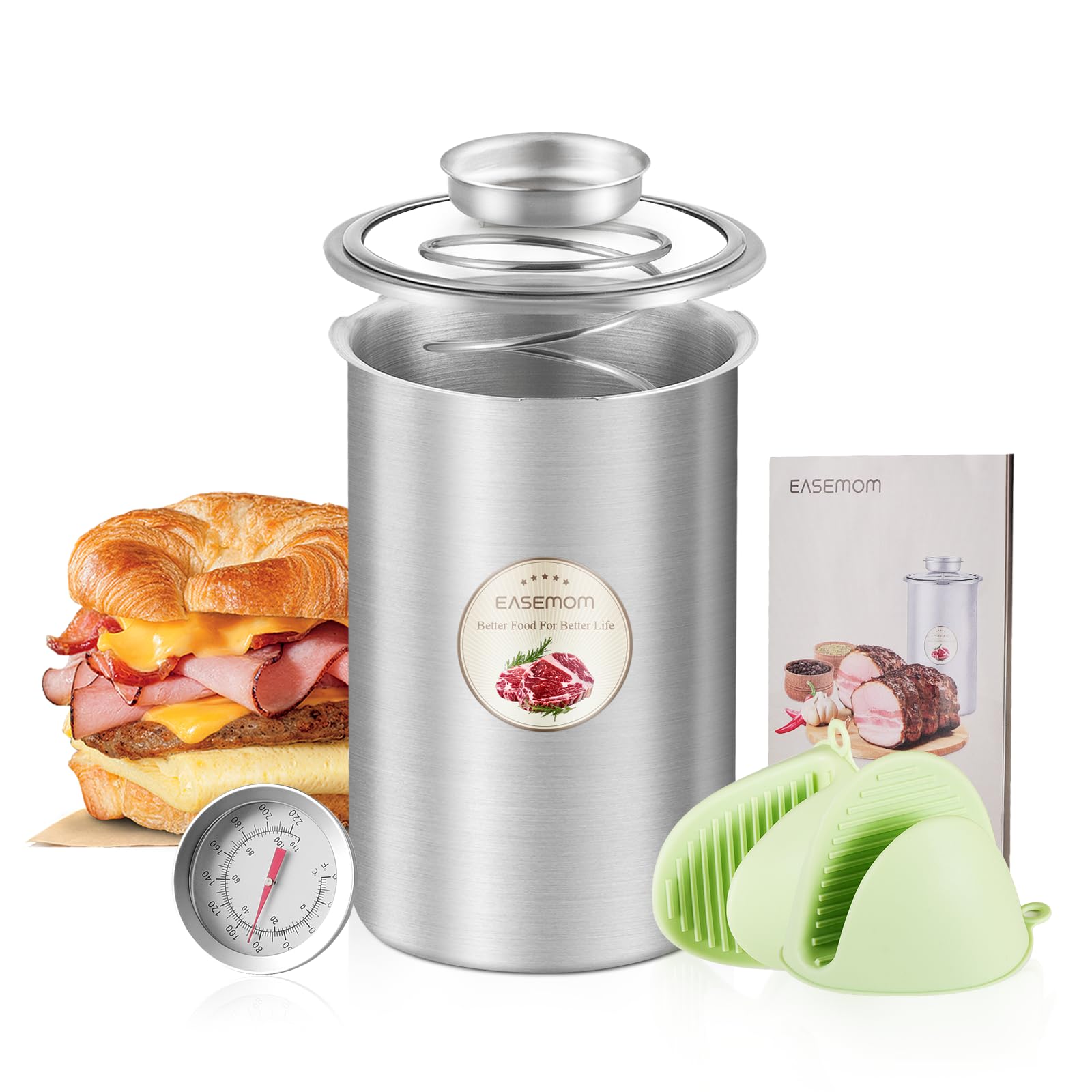 EASEMOM Stainless Steel Ham Maker & Meat Press Mold for Homemade Deli Meats - Includes Cooking Thermometer (℉/℃) & Heat-Resistant Silicone Mittens - Perfect for Sandwiches, Charcuterie Boards & Meal Prep - 5 Included Recipes