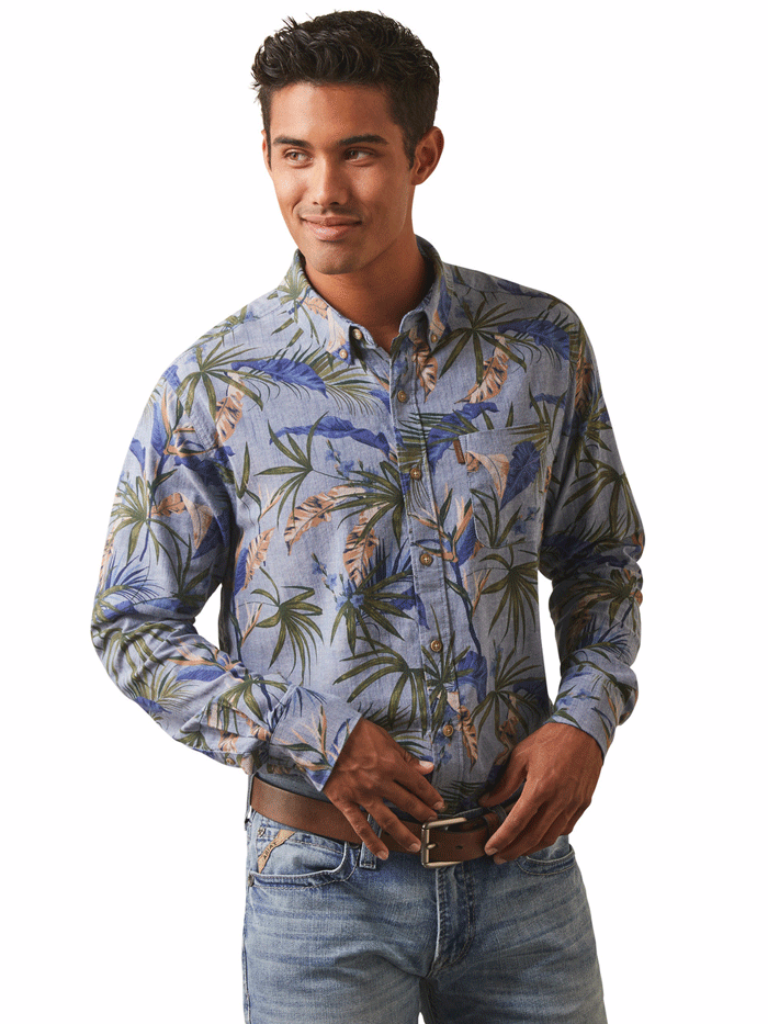 Ariat Men's Wrinkle Resistant Paradise Palm Stretch Modern Fit Shirt - Chambray Blue | Comfortable Casual Wear for Outdoor Activities & Work