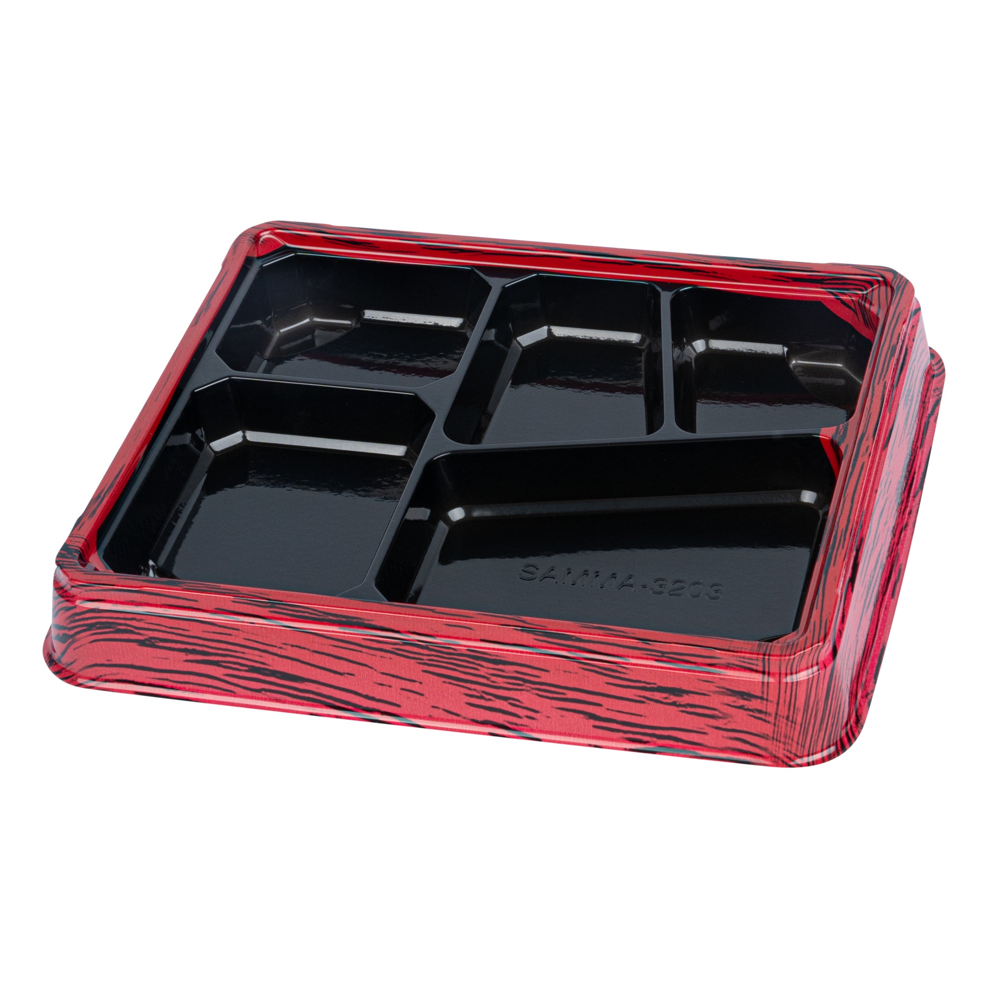 Bento Tek 18 oz Rectangle Red and Black Plastic Bento Box with 5 Compartments - 9.25