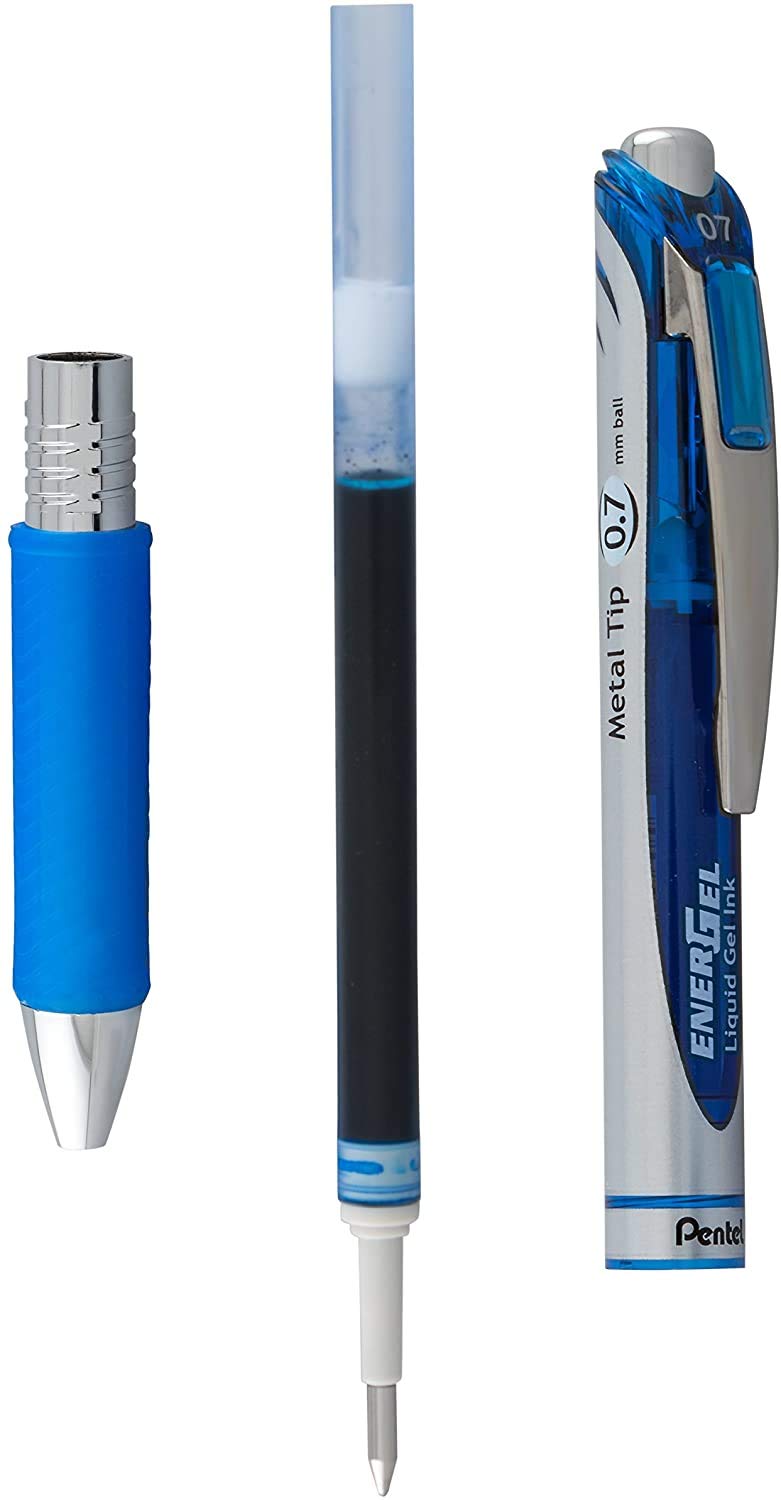 Pentel Energel 0.7mm Metal Tip Liquid Gel Pens - 5 Pack Blue RTX Deluxe Pens with 3 Refills - Smooth Writing for Office, School & Note Taking