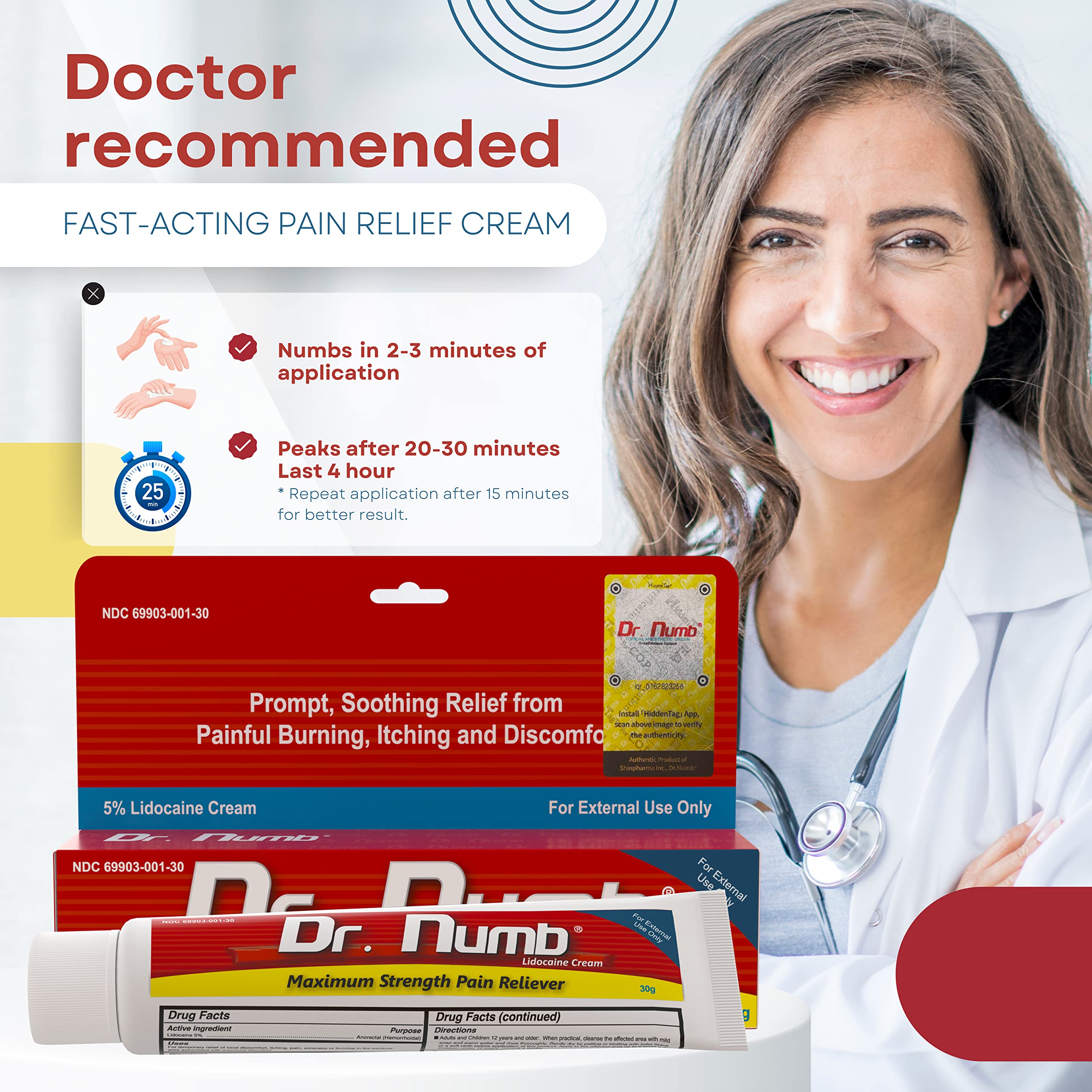Dr. Numb 5% Lidocaine Numbing Cream - Maximum Strength Topical Anesthetic for Tattoos, Piercings & Microneedling - Pain Relief Cream for Waxing, Hemorrhoids & Cosmetic Procedures - 30g (5 Pack) - Perfect for Tattoo Artists, Body Piercing & Skincare Treatments